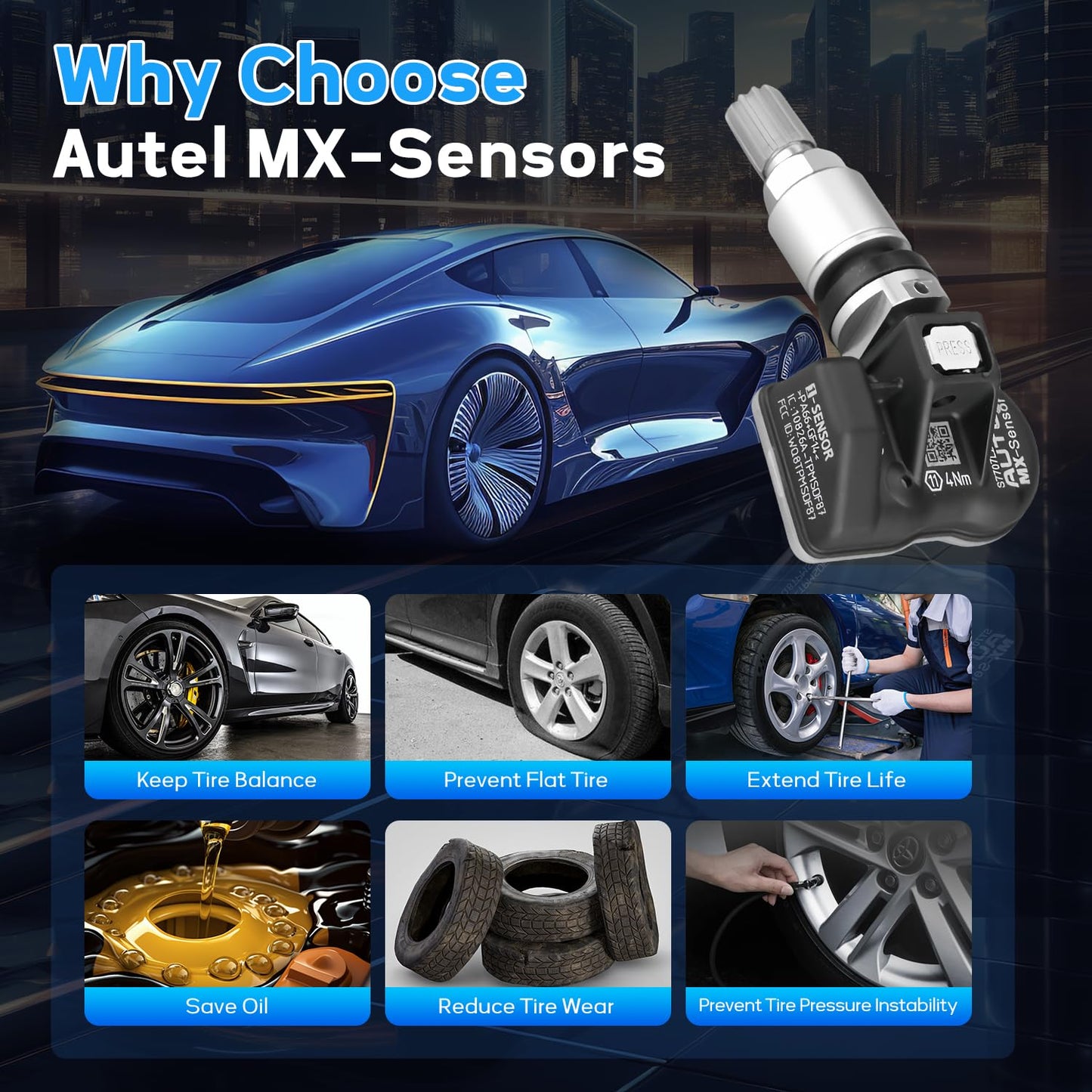 Autel TPMS Sensors 2in1 MX-Sensor 315MHz + 433MHz Press-in Tire Pressure Monitor System Sensor OE-Level TPMS Sensor Programmable by Autel TPMS Tool with TS408 TS508WF TS601, (Metal Stem Set of 16)