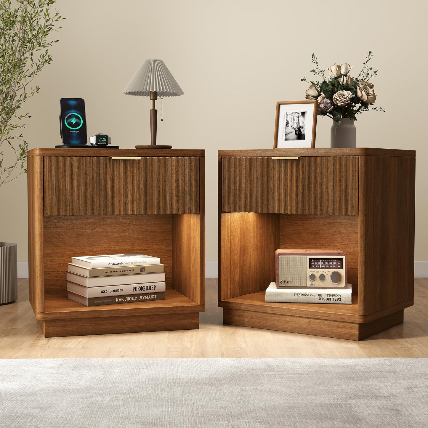 Miereirl Fluted Nightstand with Charging Station, Vintage Modern Night Stands Storage Cabinet Wooden Bedside Table with Metal Handle Drawers, Walnut Oak