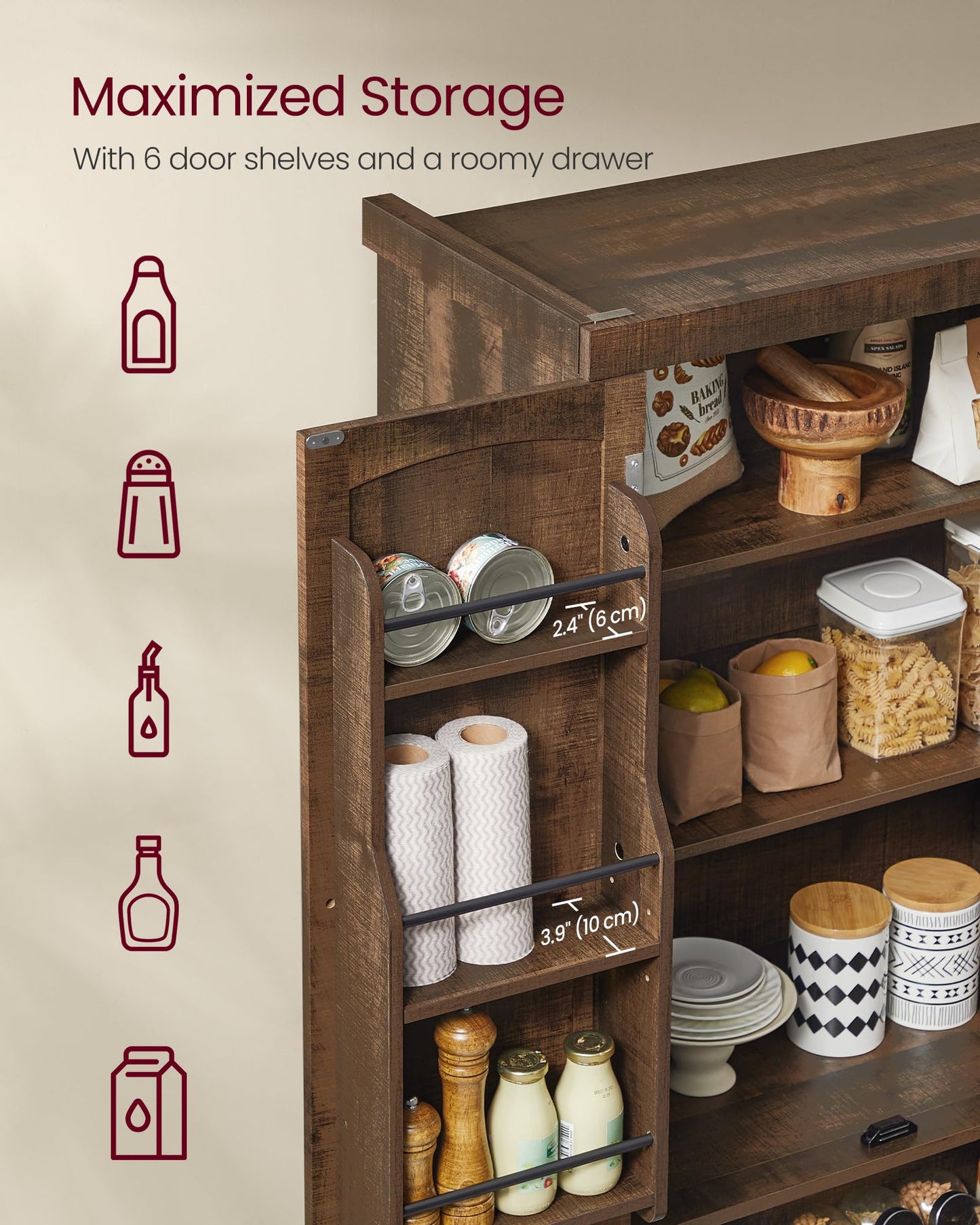VASAGLE Pantry Cabinet, 15.7 x 30 x 71.7 Inches, Freestanding Tall Cupboard Storage Cabinet with a Drawer, 2 Cabinets, 6 Adjustable Shelves, for Living Room, Kitchen, Deep Brown UBBK561K01