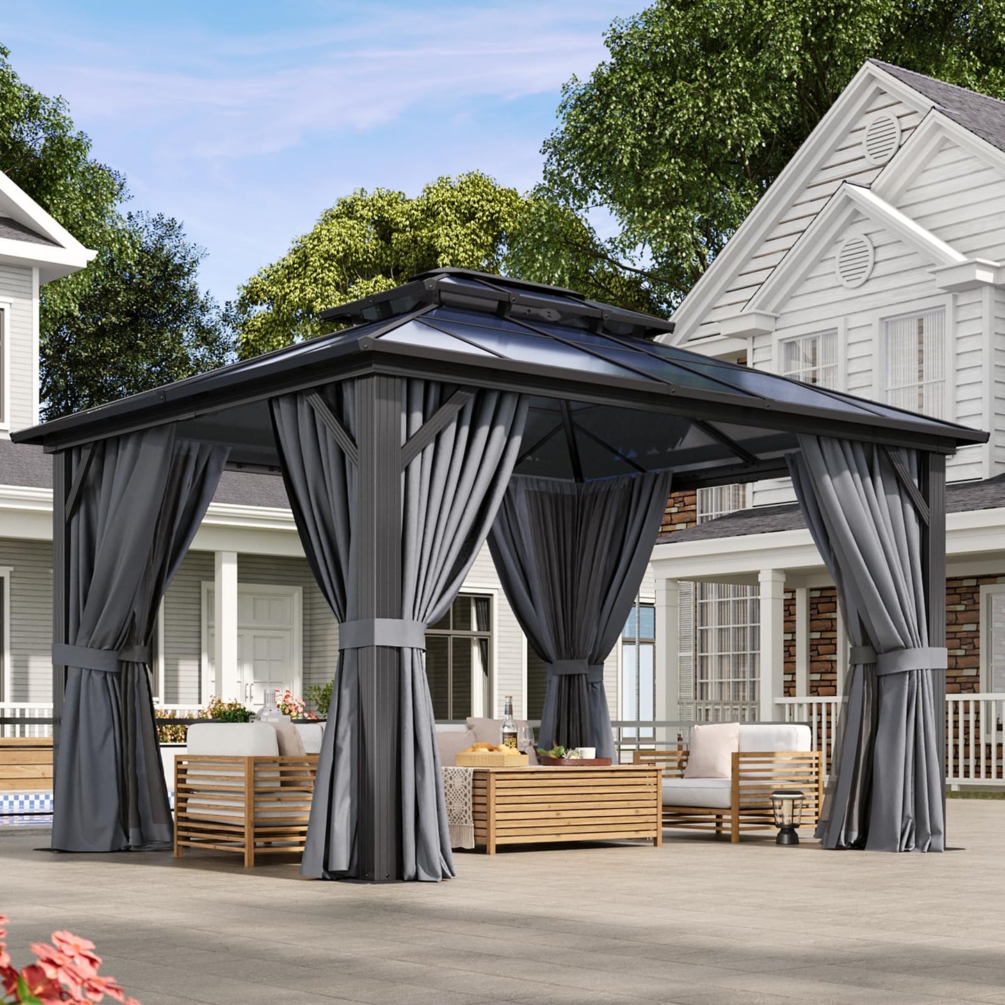 Aoxun 10'x12' Hardtop Gazebo, Aluminum Frame Permanent Pavilion with Curtains and Netting, Outdoor Polycarbonate Double Roof Canopy for Garden, Lawns, Patio