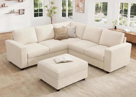HONBAY Corduroy Sectional Couch with Storage L-Shaped Sectional Couches for Living Room 6 Seater Sectional Sofa, Beige