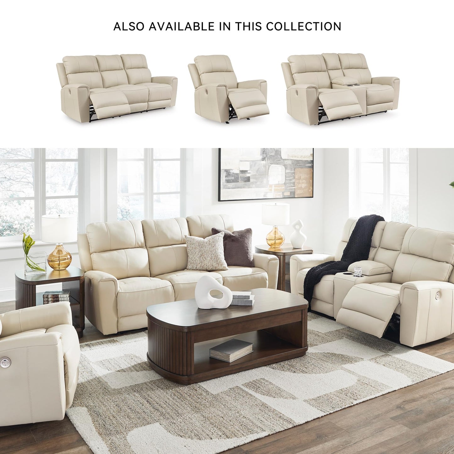 Signature Design by Ashley Dahlmoore Modern Leather Match Power Reclining Sofa with USB Ports, Beige