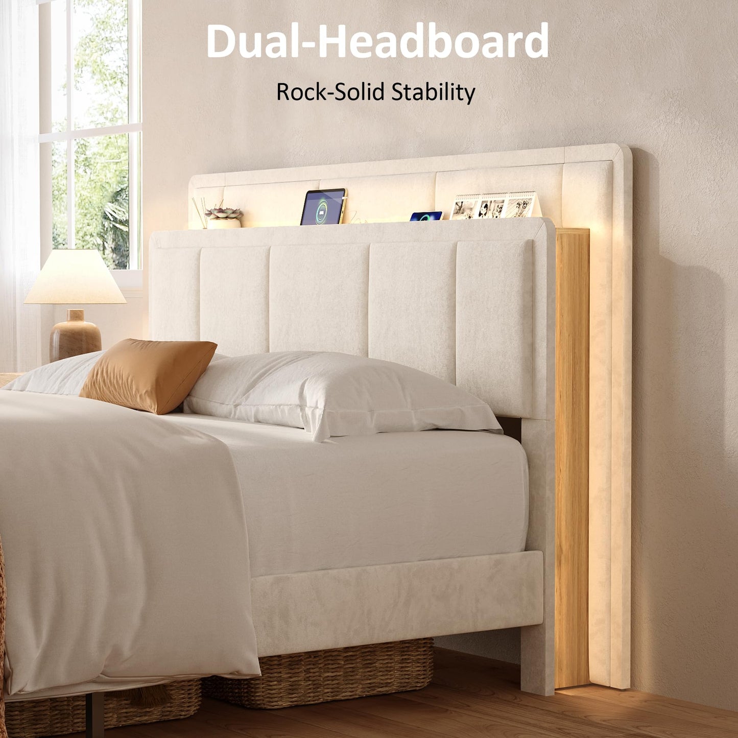nesture. Queen Storage Bed Frame, Upholstered Platform Bed with 2 Drawers, Velvet Vertical Tufted Headboard with LED Lights & Charging Station, Wooden Slats Support, No Box Spring Needed, Off-White