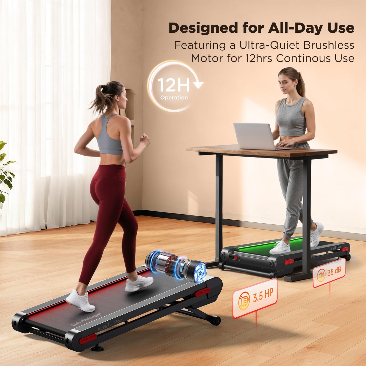 Jogwell Walking Pad Treadmill with 12%/20% Auto Incline, 3.5HP Brushless Ultra-Quiet, Under Desk Treadmill for Home Office, 400 LBS Capacity, 30% Wider Deck, Vertical Storage, Ares 11 Max Black