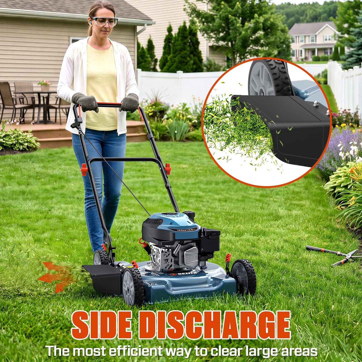 SENIX 20 inch Gas Push Lawn Mower, 144 cc 4-Cycle OHV Engine Push Mower, Side Discharge, 5 Position Cutting Height Adjustment, Low Noise & Fuel-Efficient for Lawn, Yard and Garden (LSPG-L5)