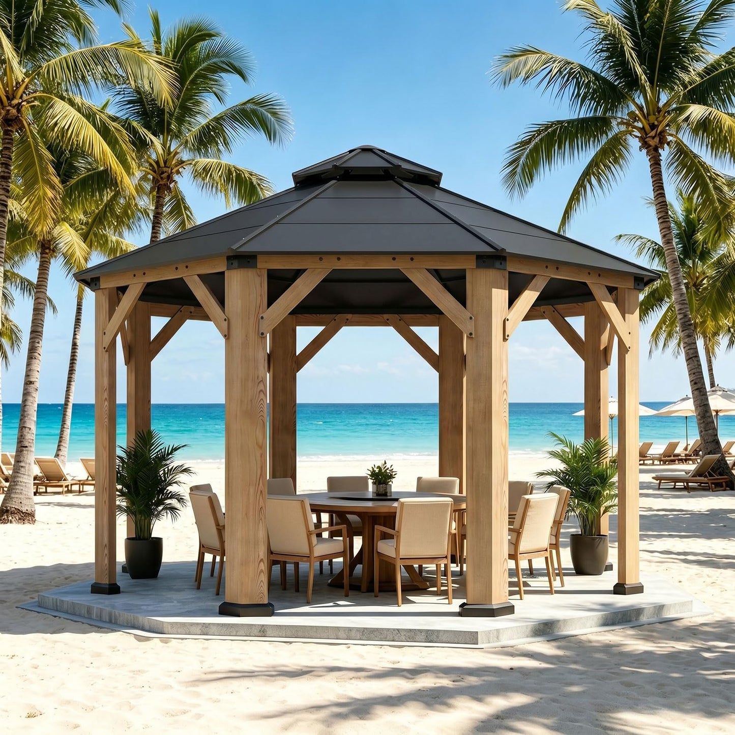 Aoxun 13' x 13' Outdoor Wood Gazebo, Hardtop Gazebo Permanent Wooden Pavilion with Galvanized Steel Double Roof, for Packyard, Garden, Deck, Cedar Wood