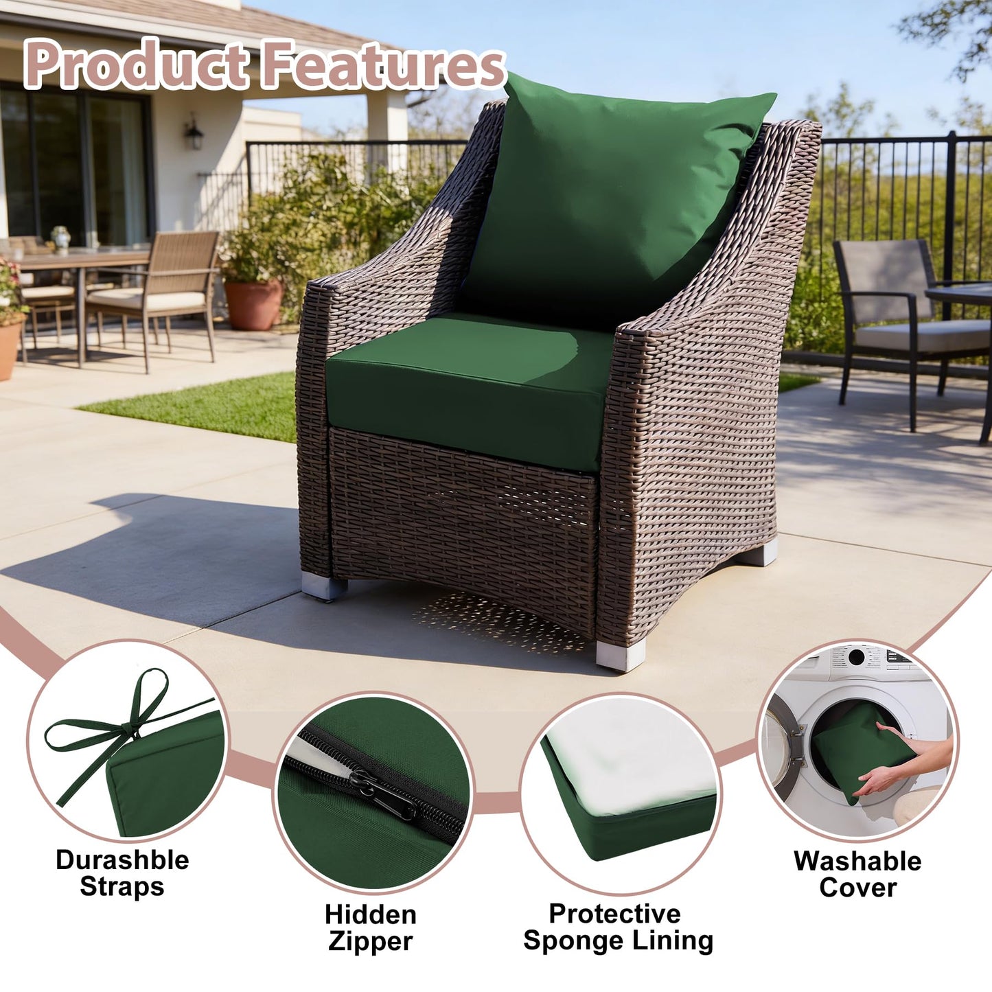 MuaMelop Outdoor Deep Seat Cushion Set, 24x24 Inch Water-Resistant & Fade-Resistant Outdoor Chair Cushions, Patio Furniture Cushions with Removable Cover for Patio Chair, Sofa, Forest Green (Set of 4)