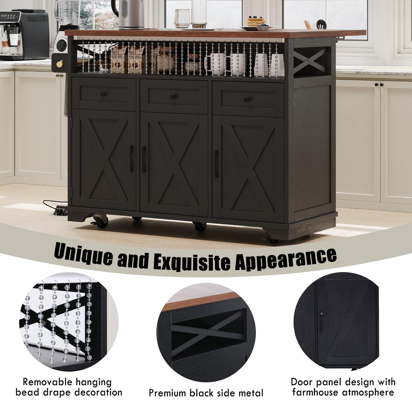 Merax Farmhouse Rolling Kitchen Island on Wheels with Drop Leaf & Power Outlet, Wood Kitchen Cart on Wheels with Drape of Beads, 3 Drawers & Adjustable Iron Shelves, 46.5'' Wide, Black