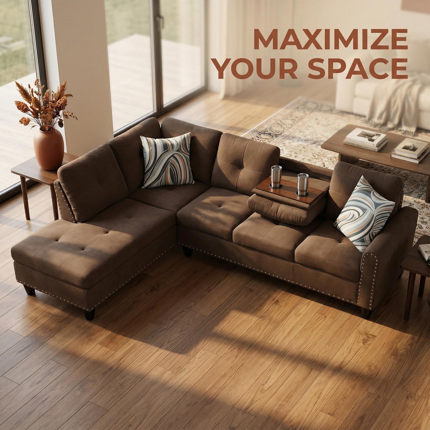 Trygoal L-Shaped Sectional Sofa, Modern 4-Seat Couch with Built-in Cup Holders, Upholstered Fabric Sectional Couch with Left Facing Chaise for Living Room, Apartment, Office, Brown