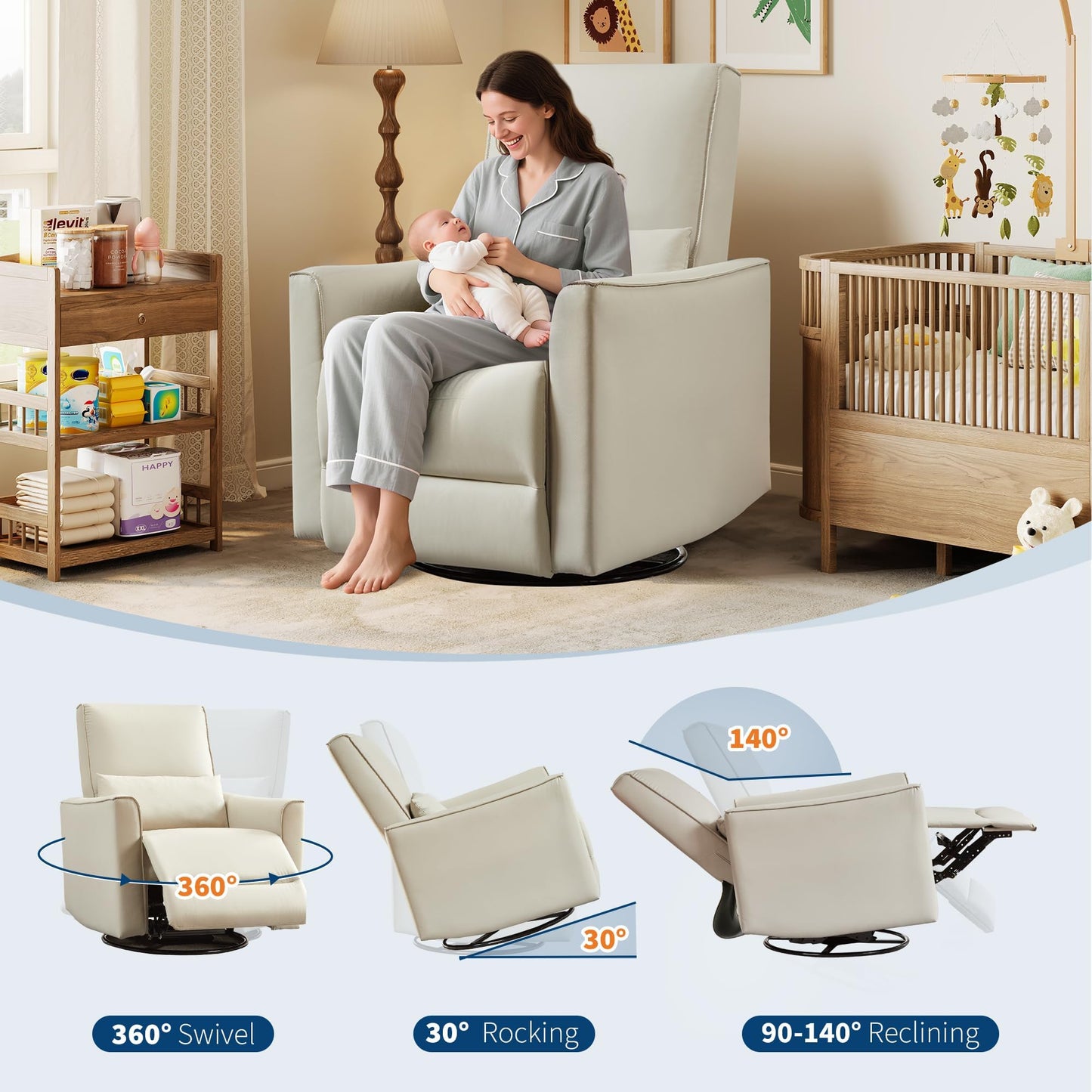 Garvee 360° Swivel Rocking Recliner Glider Chair – High-Back PU Leather Deep Seat Manual Recliner for Nursery, Living Room, Bedroom & Home Theater