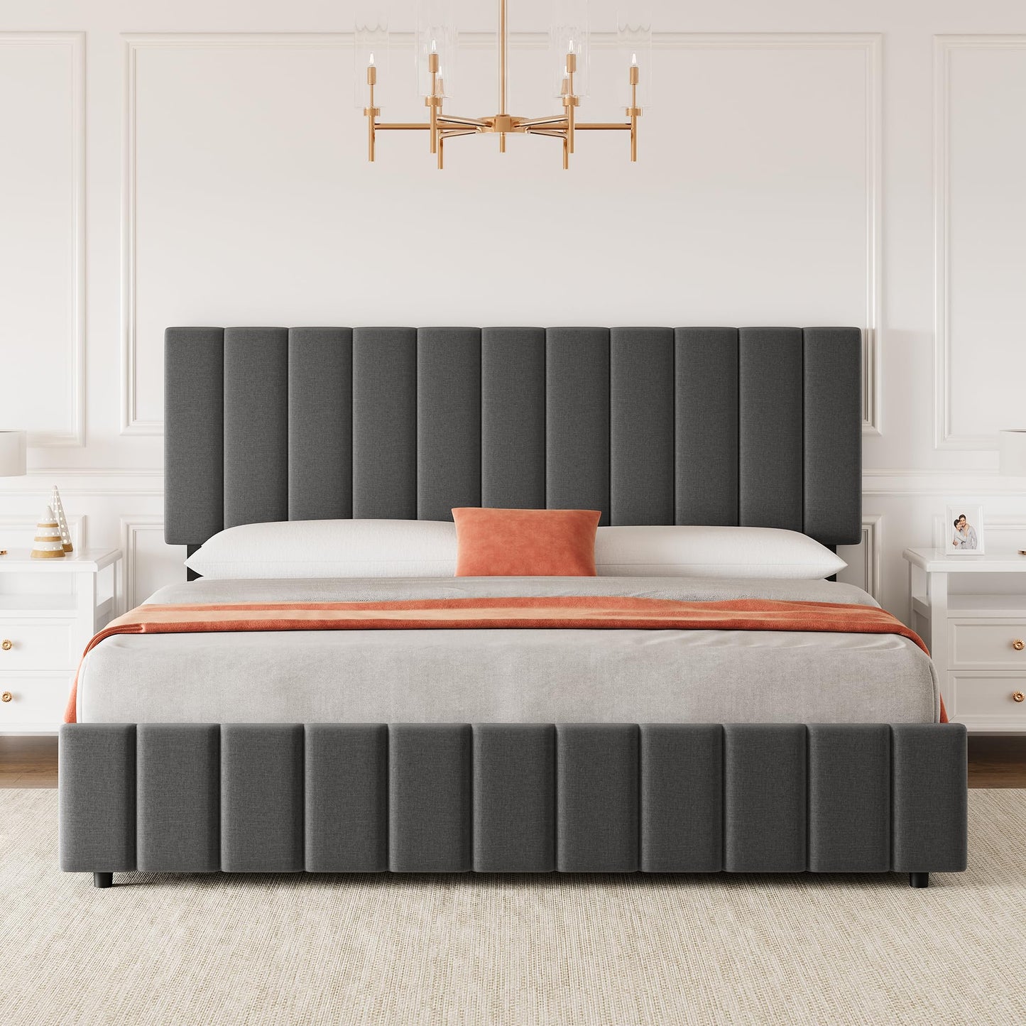 Garvee King Size Bed Frame, Linen Upholstered Platform Bed Frame with 4 Storage Drawers, Adjustable Height Headboard, No Box Spring Needed, Easy Assembly, Grey