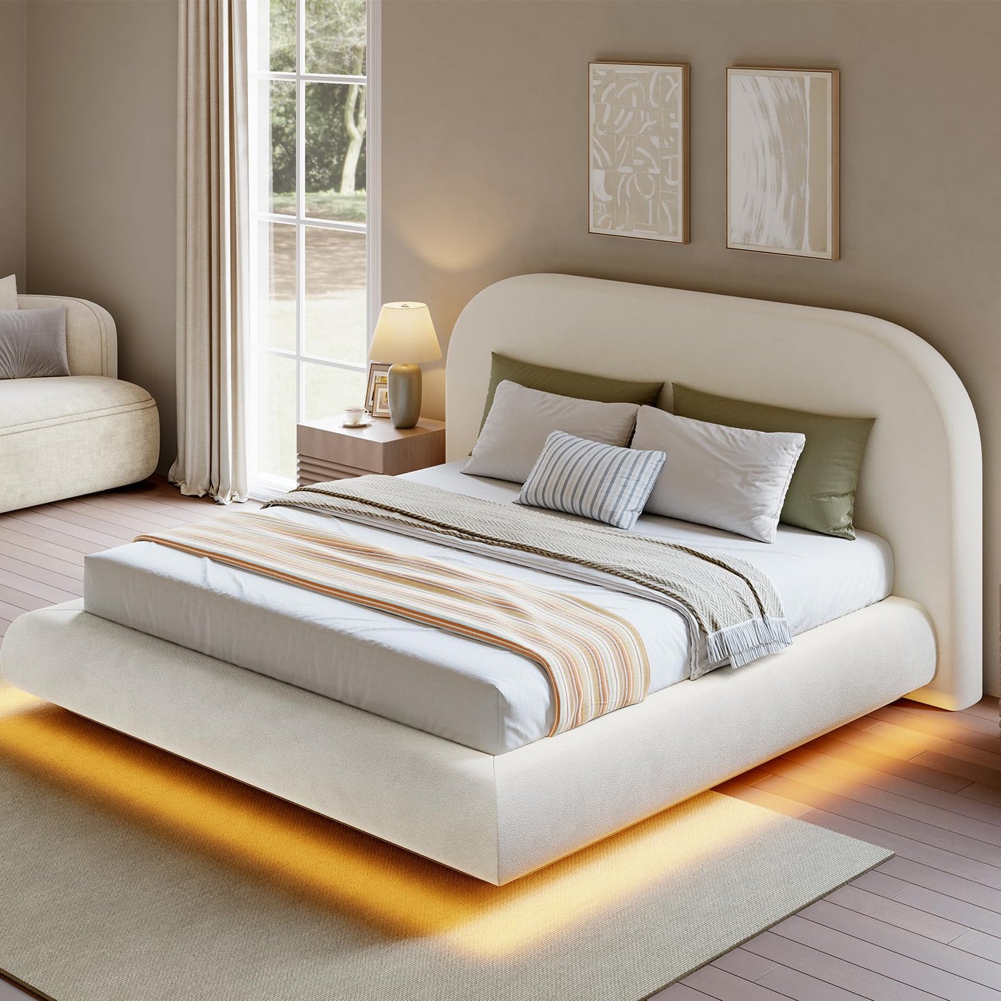 Hizyrina King Size Floating Cloud Bed Frame with 5" Thick Headboard & RGB LED Lights, Upholstered Platform Bed, Soft Rounded Corner, Metal Slat Support, Noise-Free, No Box Spring Needed, Beige