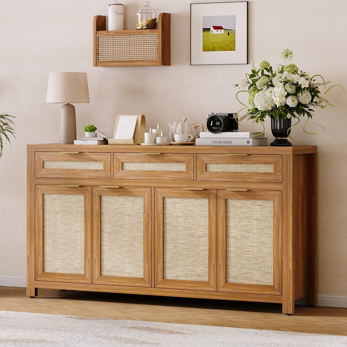 IDEALHOUSE Kitchen Sideboard Buffet Cabinet with Storage, 63in Large Farmhouse Wood Coffee Bar Credenza Cabinet with 3 Drawers and 4 Doors Adjustable Shelves for Living Room, Deep Oak
