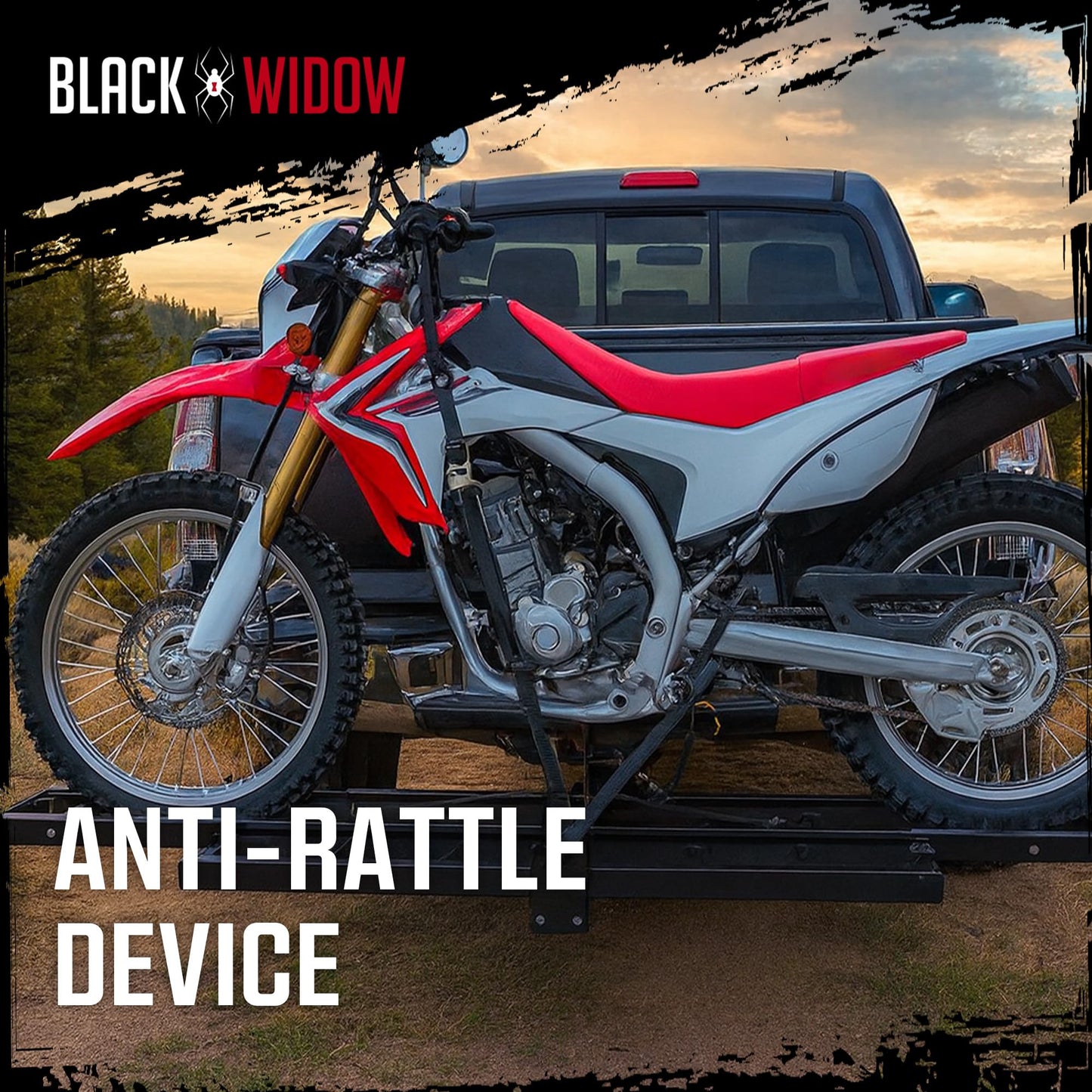 Black Widow Steel Motorcycle Carrier with Ramp for 2-Inch Receiver, 500 lb Capacity - Hitch-Mounted Dirt Bike and Scooter Hauler with Grit-Coated Track and Anti-Rattle Device for SUVs and Trucks