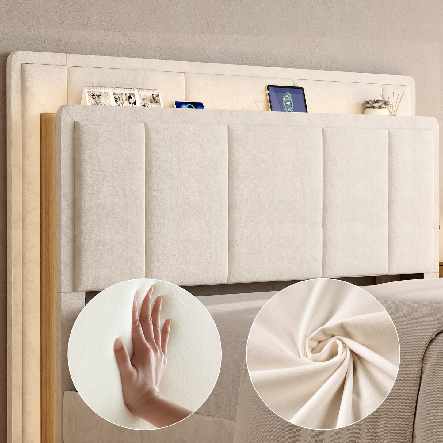 nesture. Queen Storage Bed Frame, Upholstered Platform Bed with 2 Drawers, Velvet Vertical Tufted Headboard with LED Lights & Charging Station, Wooden Slats Support, No Box Spring Needed, Off-White