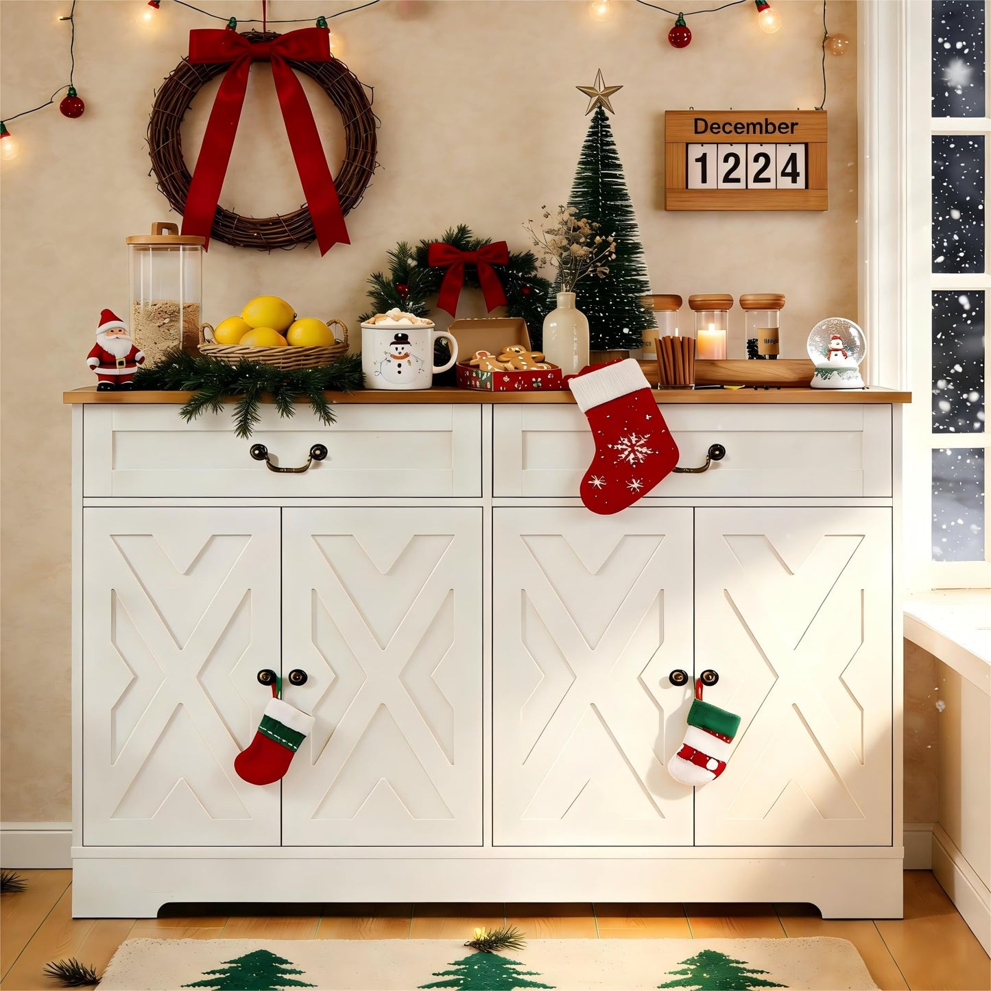 IDEALHOUSE 57 Inch Farmhouse Buffet Cabinet with Storage, White Sideboard with 4 Doors & 2 Drawers, Adjustable Shelves Coffee Bar Cabinet, Multi-Functional Storage for Living Room & Dining Room