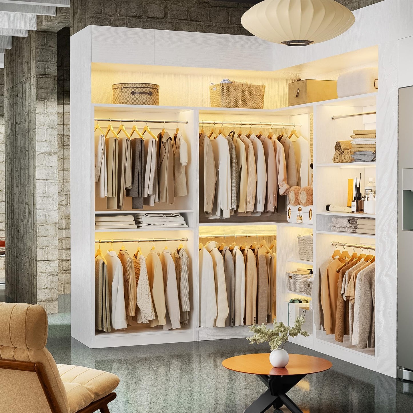 Unikito 108” Corner Closet System, 3-Piece L-Shaped Closet Organizer with 2 Closet Towers and 1 Corner Unit, Heavy Duty Wood Garment Rack with 6 Hanging Rods, Freestanding Walk-in Wardrobe, White