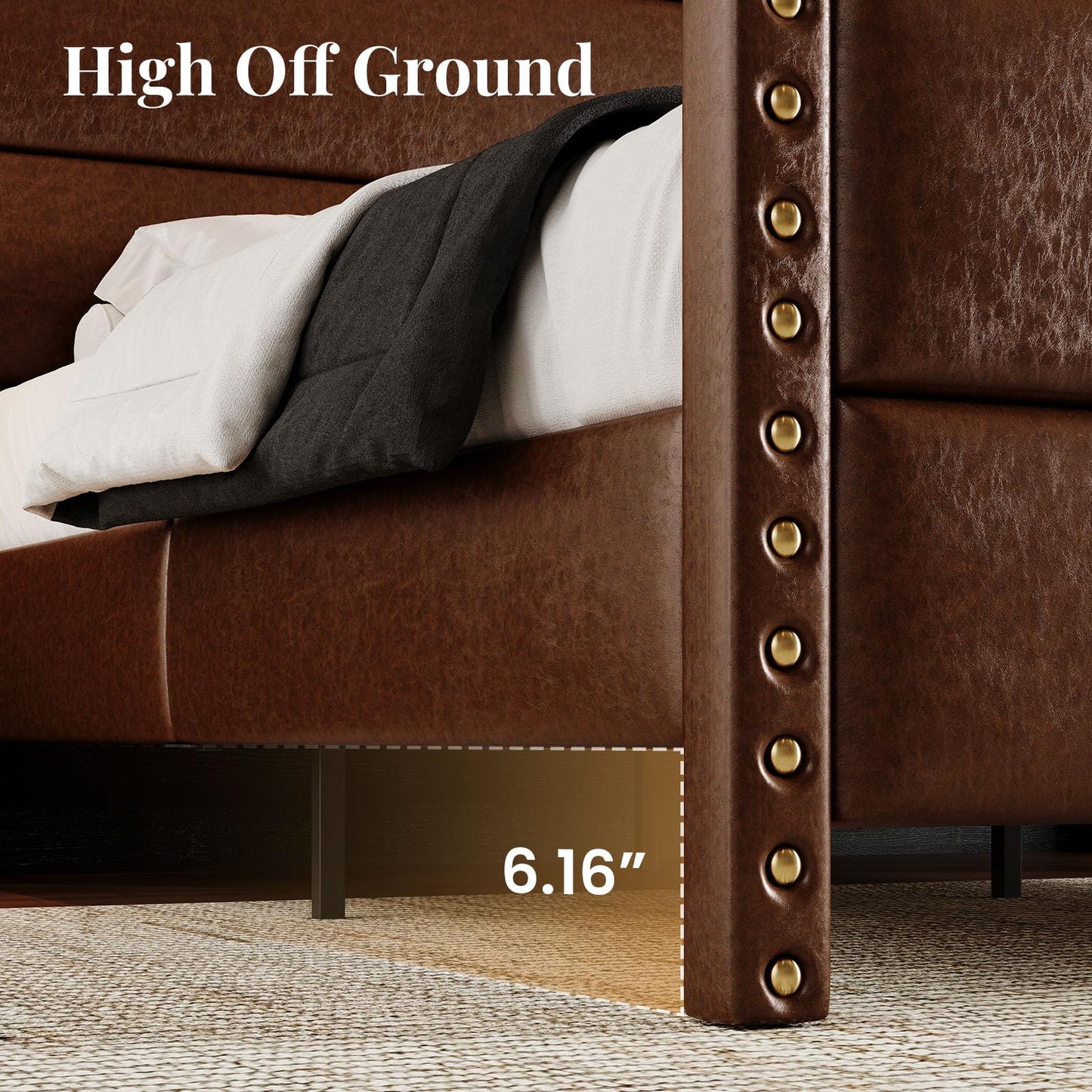 Uteeran King Size Bed Frame with Storage Shelf & Charging Station, 55" Tall Headboard & 25.6" Footboard, Faux Leather Upholstered Platform Bed with Big Rivets Wingback, Heavy Duty & Noise-Free, Brown