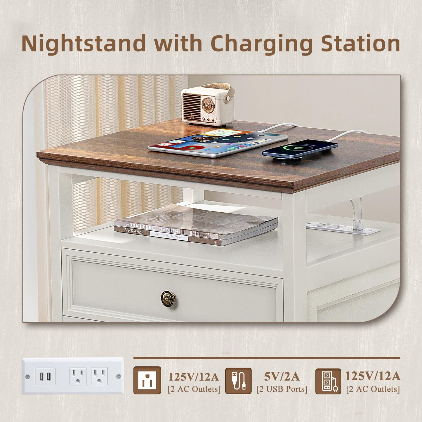 Joaxswe Farmhouse Nightstand Set of 2 with Charging Station, 24" Wide End Table with 2 Drawers,Dresser for Bedroom,Bed Side Table Chest of Drawers Cabinet,Wood White Night Stand for Living Room