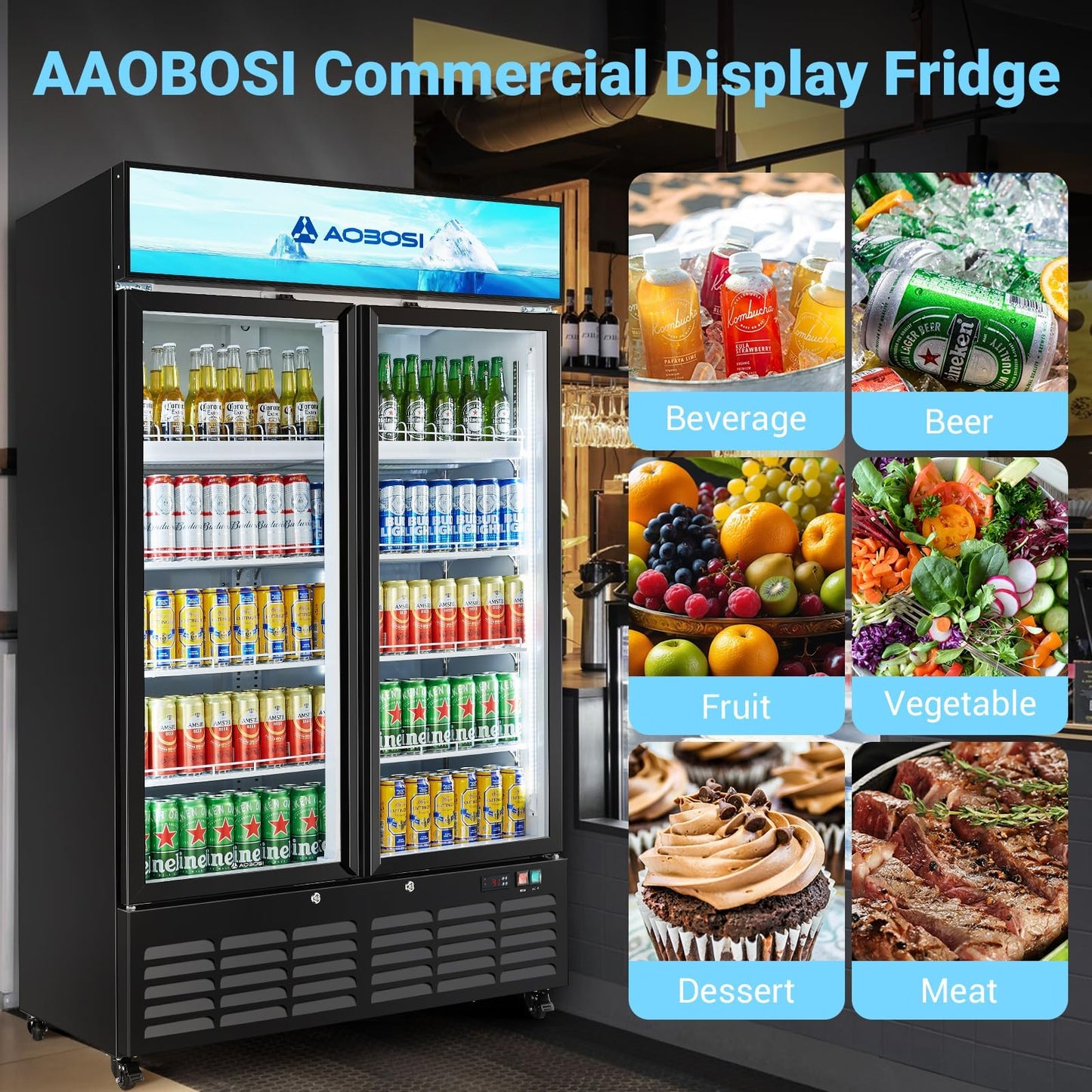 AAOBOSI 44”Commercial Merchandiser Refrigerator,27.02 Cu.Ft Glass Door Display Refrigerator,Upright Beverage Fridge with Soft LED Light,Customizable Lightbox,Universal Casters,Adjustable Shelves
