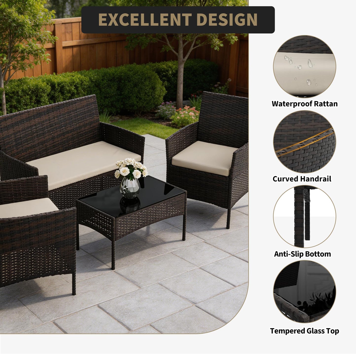 4-Piece Patio Furniture Set, Outdoor Wicker Conversation Set with Tempered Glass Coffee Table, Heavy Duty PE Rattan Sectional Sofa & Washable Cushions for Backyard, Deck, Poolside (Black Rattan/Beige)