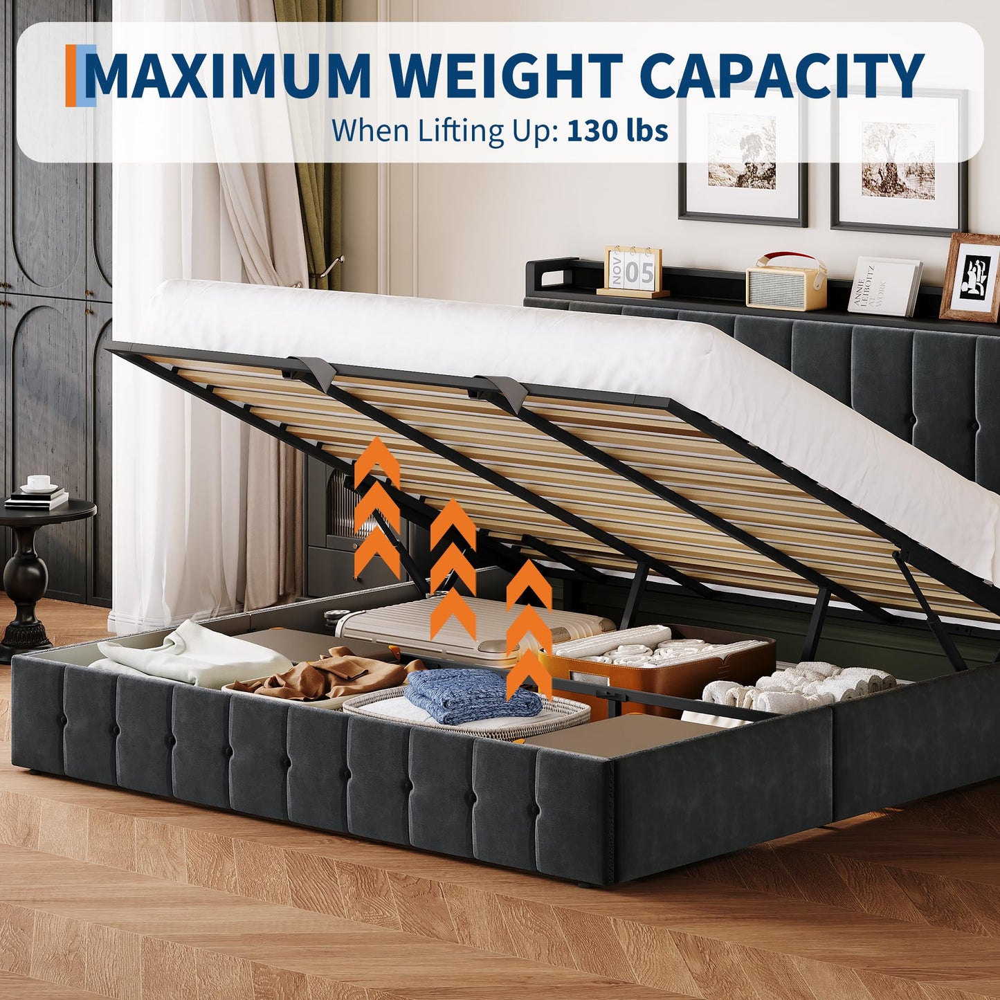 GarveeHome King Bed Frame with Lift Up Storage, Upholstered Velvet Bed with Storage Headboard, Metal Platform Bed, Hydraulic Support, No Box Spring Needed, Black