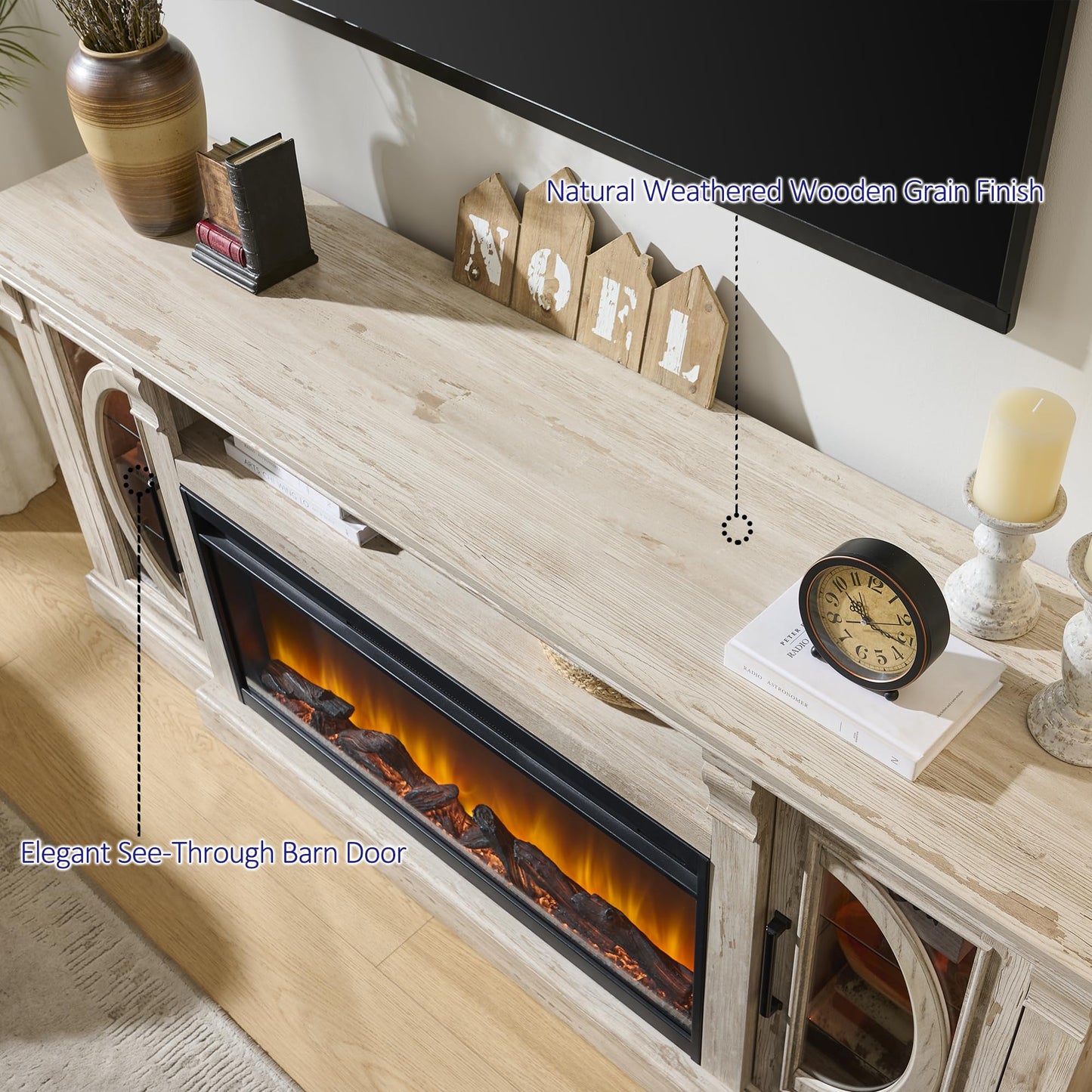 Unineo Crescent TV Stand with Fireplace for up to 80 Inch TV, LED Entertainment Center with 36 Inch Electric Fireplace, Farmhouse TV Console Table w/Glass Door for Living Room, Brushed White
