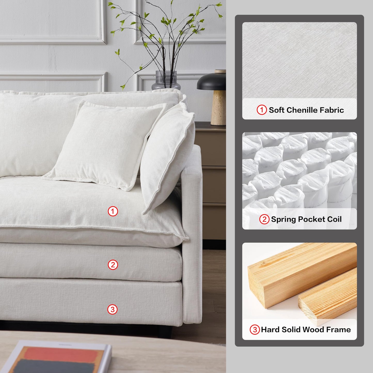 KEIKI 3 Seater Chenille Modular Sectional Couch Sofa with Ottoman, Double-Layer Seat Cushions & Back Cushions, Modern L-Shape Upholstered Cloud Soft Sofa Couches Chaise Lounge for Living Room