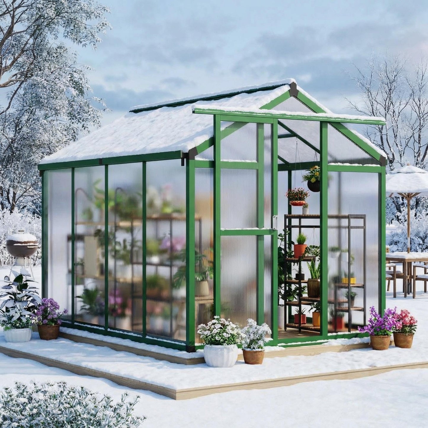 6x8 FT Greenhouse, Polycarbonate Walk-in Greenhouse for Outdoors with Roof Vent & Lockable Smooth-Gliding Sliding Door, Heavy-Duty Aluminum Green House for Garden, Backyard, Patio, Lawn, Deep Green