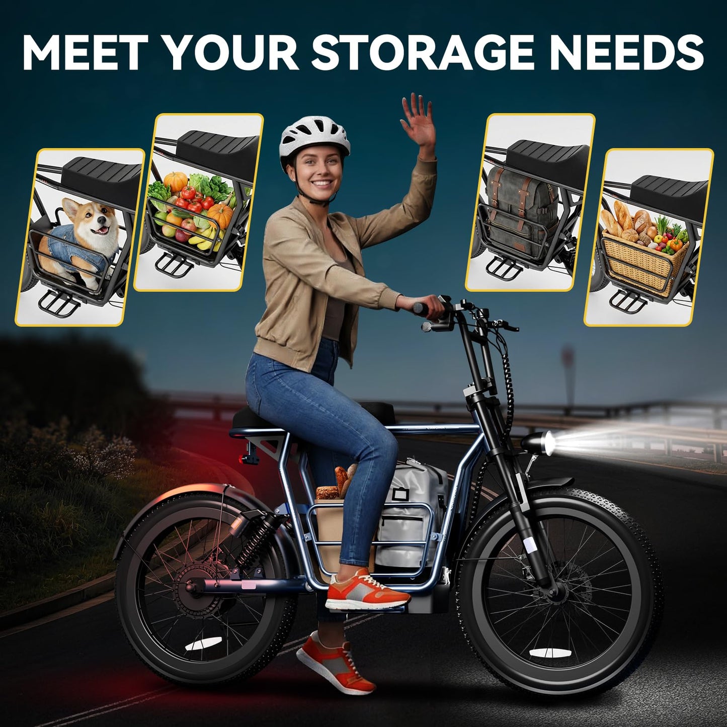 Caroma Electric Scooter for Adults with Seat Peak 1000W, 20" All-Terrain Fat Tire Electric Bike,Dual Shock Absorbing, 25 Miles & 20MPH Top Speed E-Scooter with Basket for Pet&Cargo,Gray