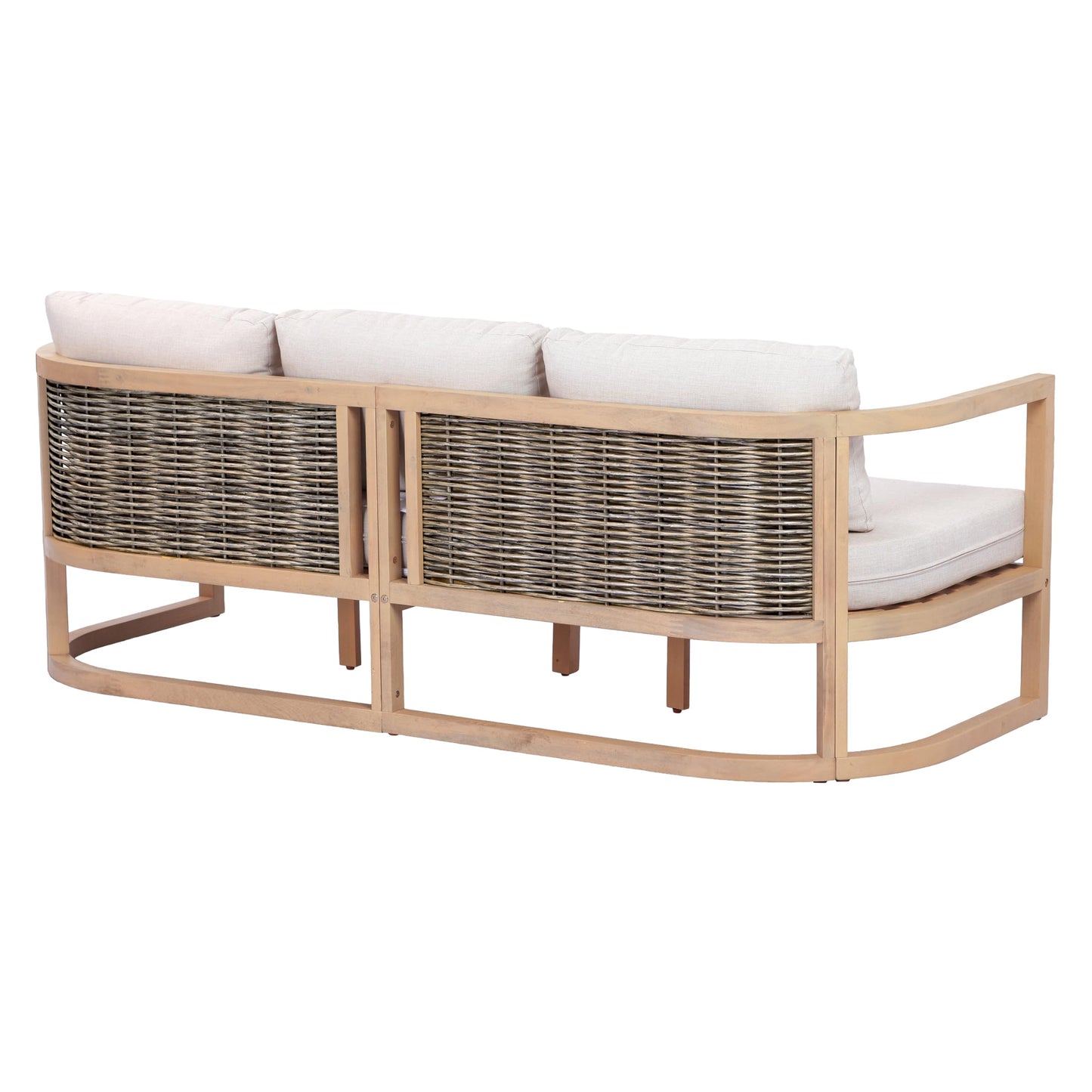 Merax 4 Piece Rattan Woven Paito Conversation Set, All-Weather Acacia Wood 3 Seater Sofa,2 Club Armchairs with Cushions, 1 Coffee Table for Porch, Lawn, Backyard, Balcony, Light Teak