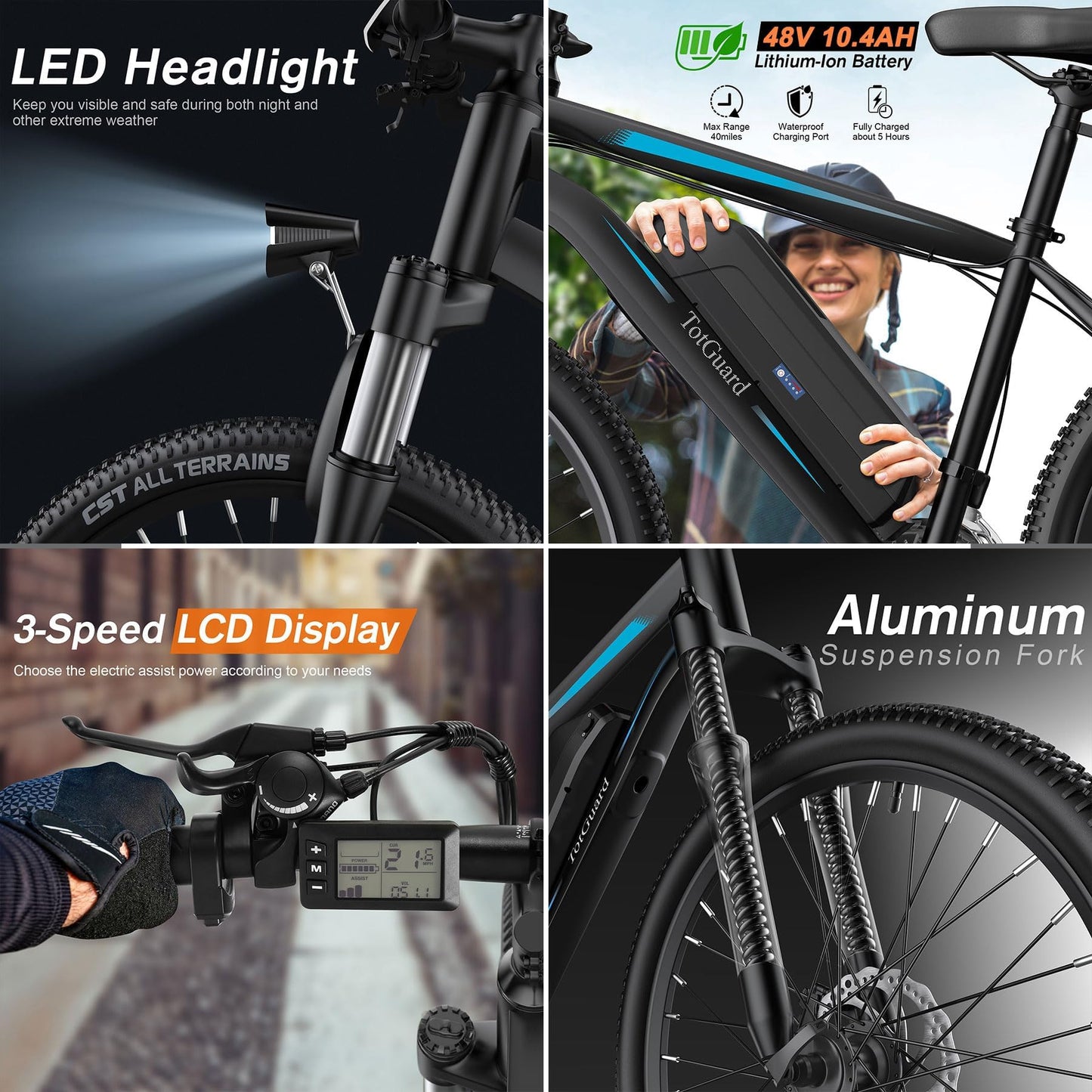 TotGuard Electric Bike for Adults, 27.5" Electric Bike 500W Ebike 19.8MPH Adult Electric Bicycles Electric Mountain Bike, 48V 499WH Removable Lithium Battery, 21S Gears,Lockable Suspension Fork