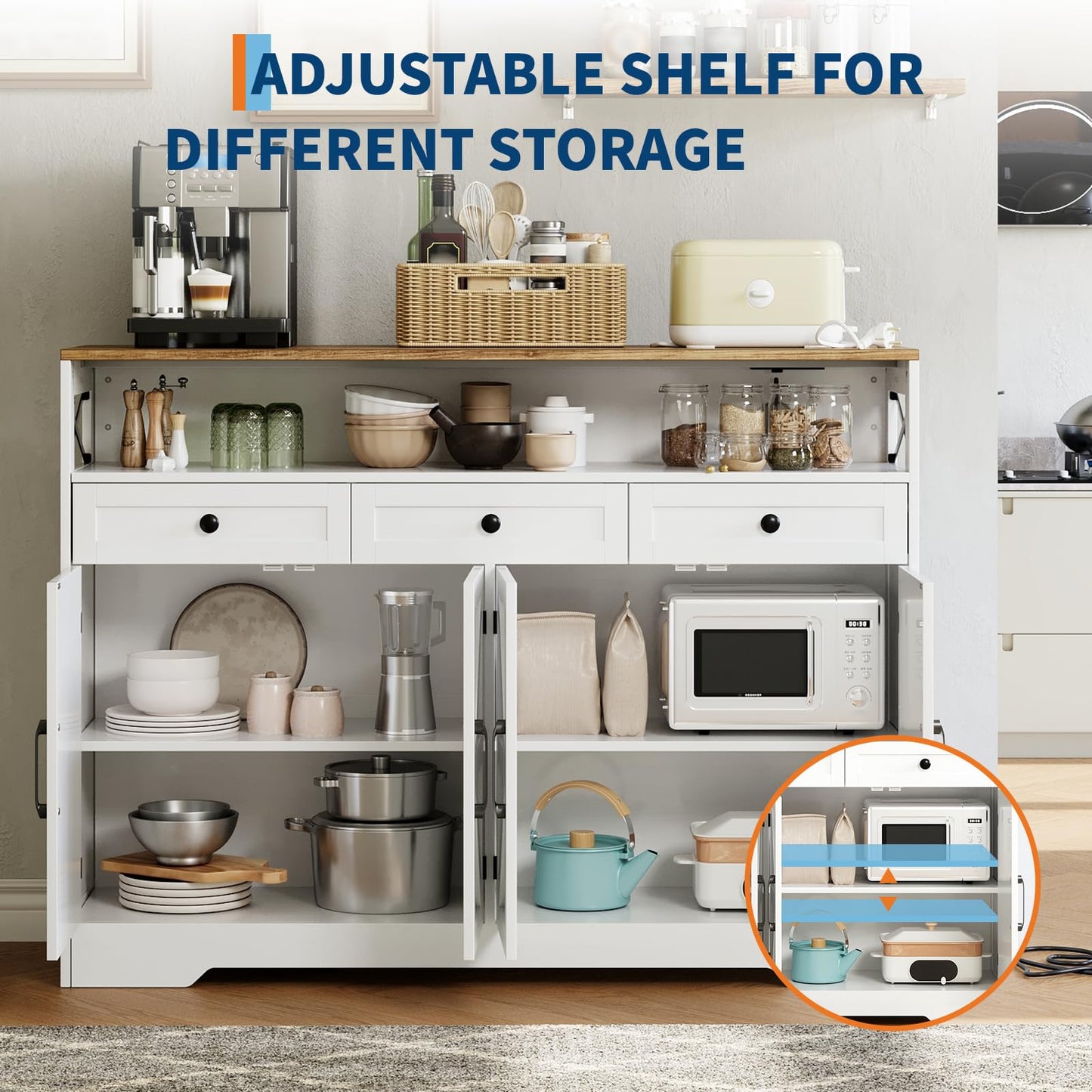 GarveeHome Farmhouse Buffet Cabinet with Storage, Open Shelf & Charging Station, 51" Kitchen Hutch Pantry Cabinet Sideboard Coffee Bar Station with 4 Barn Doors & 3 Drawers for Kitchen, Dining Room
