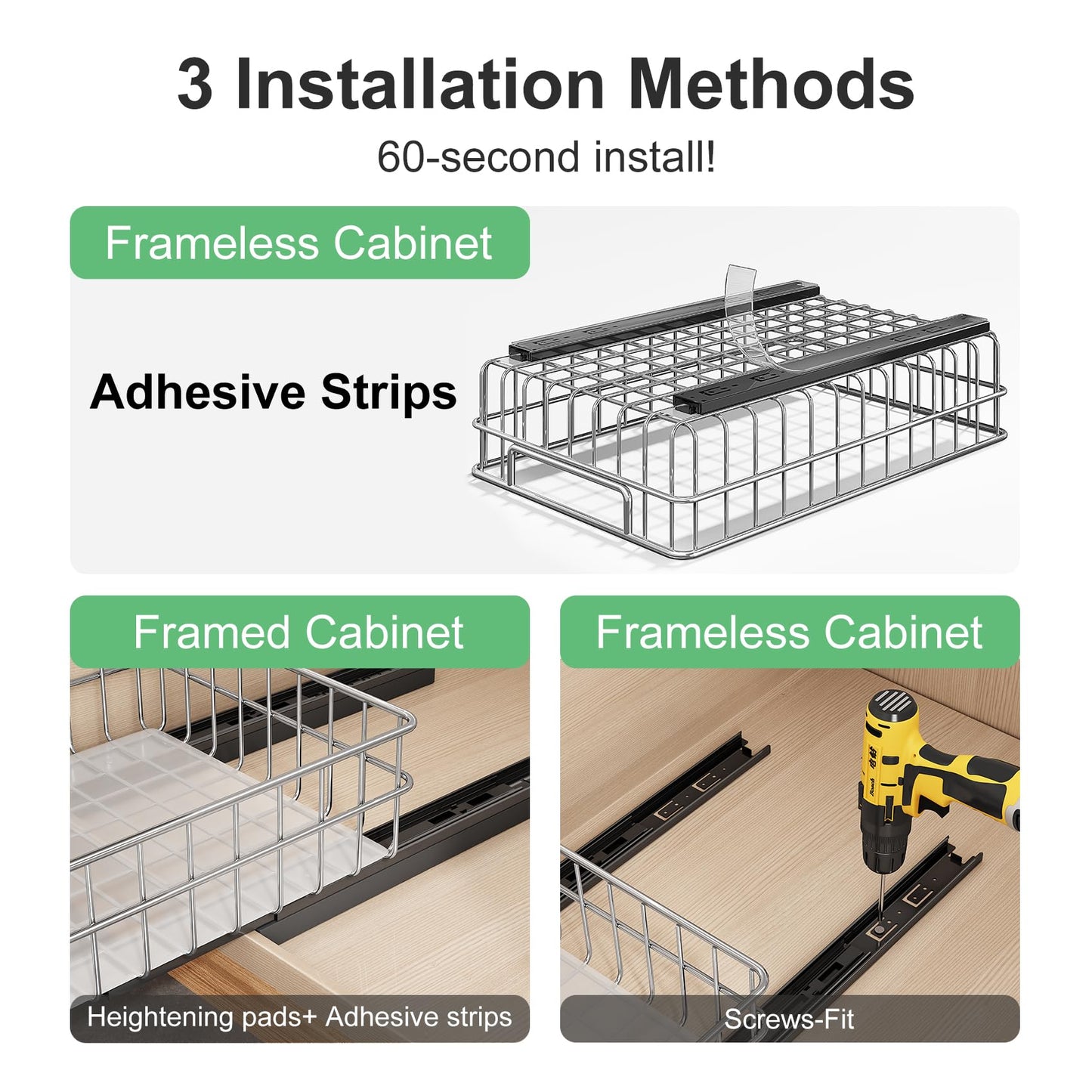 Pull out Cabinet Organizer, Stainless Steel 4-Pack Slide out Drawer with Silent Full-Extension Slides, Adhesive Roll out Can Spice Storage Basket Shelf Rack for Pantry, Kitchen, Bathroom, Home Closet