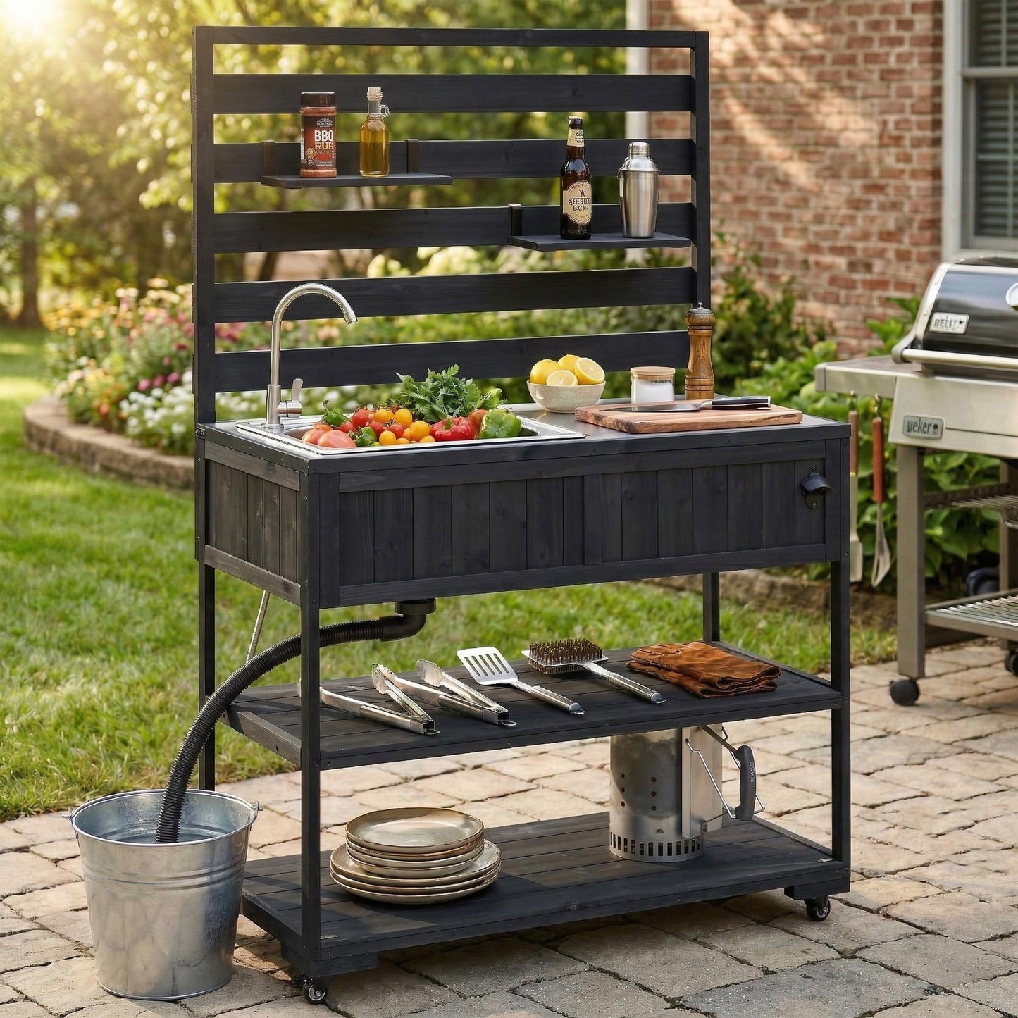 GDFStudio Elvale Patio Rolling Kitchen Island Cart with Sink, Wooden Outdoor Storage Cabinet with Stainless Steel Top, Movable Shelves, Bottle Opener and Lockable Wheels, Garden Potting Bench, Black