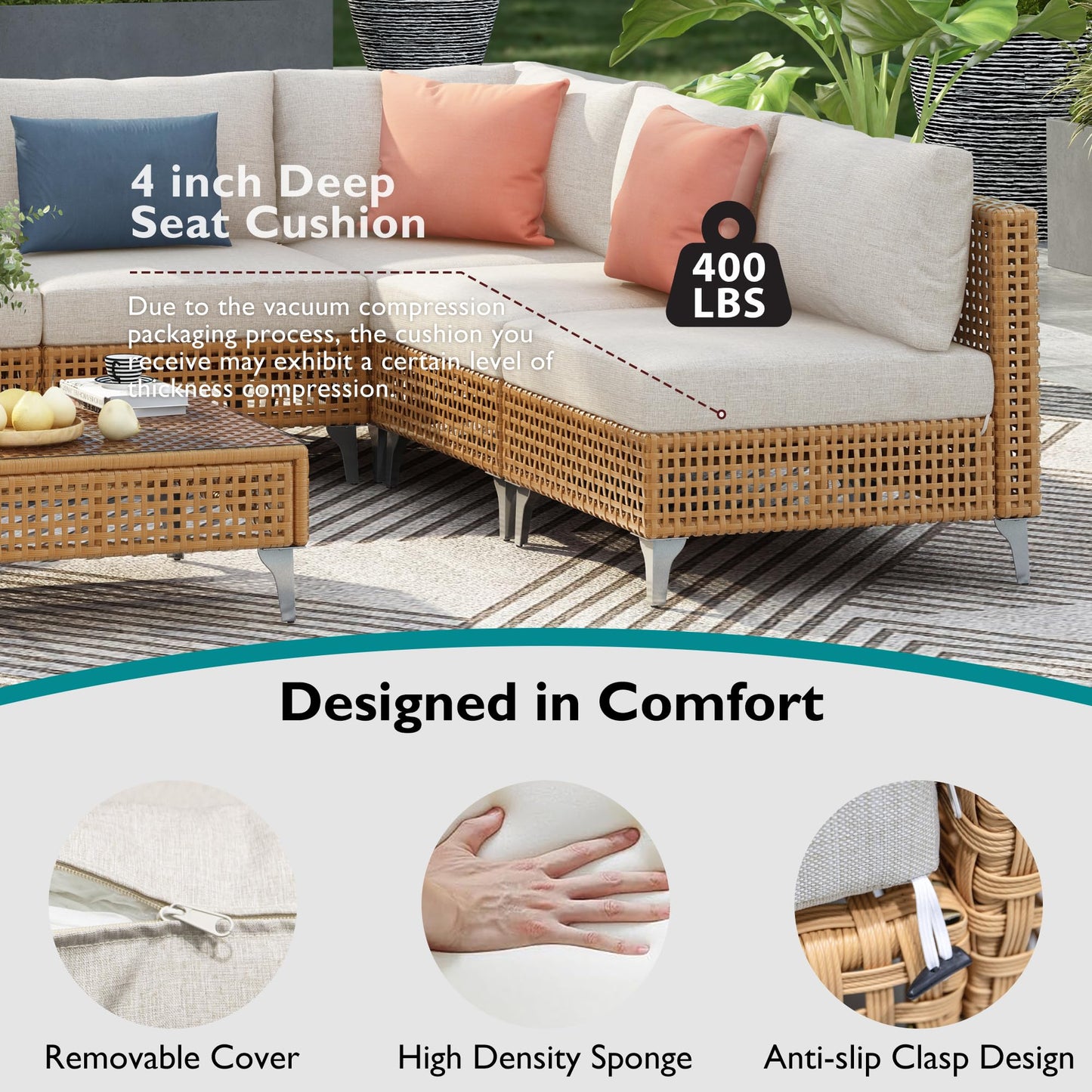 YOPTO 7-Piece Outdoor Conversation Sectional Sofa Set with Water Resistant Thick Cushions & Coffee Table,Wicker Patio Furniture Set W/Removable Cushions Cover,DIY Combination,for Porch,Backyard,Beige