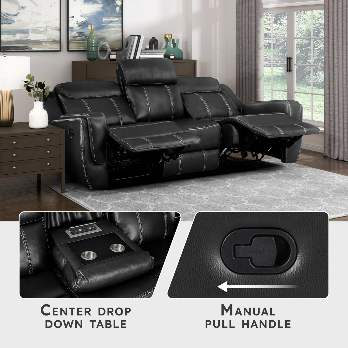 Lexicon Modern Double Recliner Sofa, Faux Leather Reclining Sofa With Center Drop-Down Cup Holders, Storage Pouch, Receptacles, USB Ports, Manual Recliner Couch For Living Room/Office/Apartment, Black