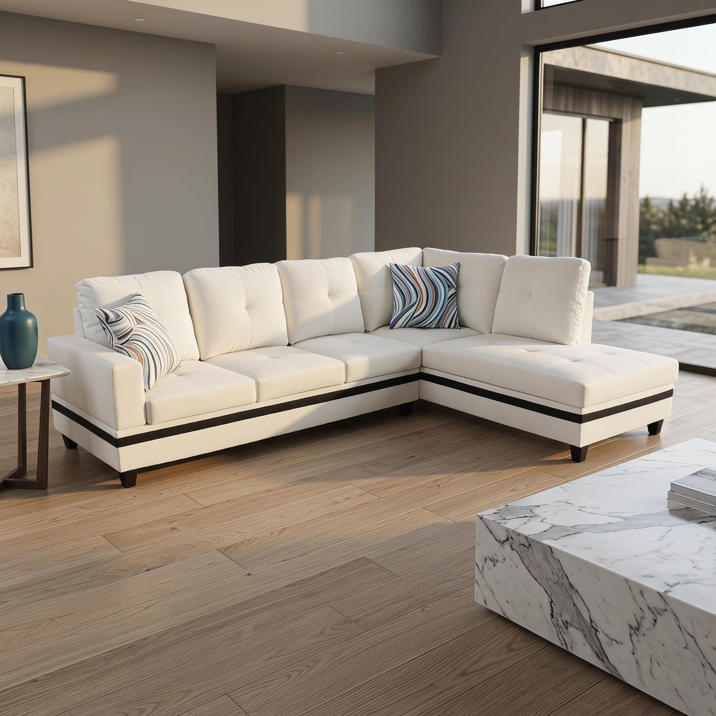 Trygoal L-Shaped Sectional Sofa, Modern 4-Seat Couch with Right Facing Chaise, PU Leather Sectional Couch for Living Room, Apartment, Office, White and Black
