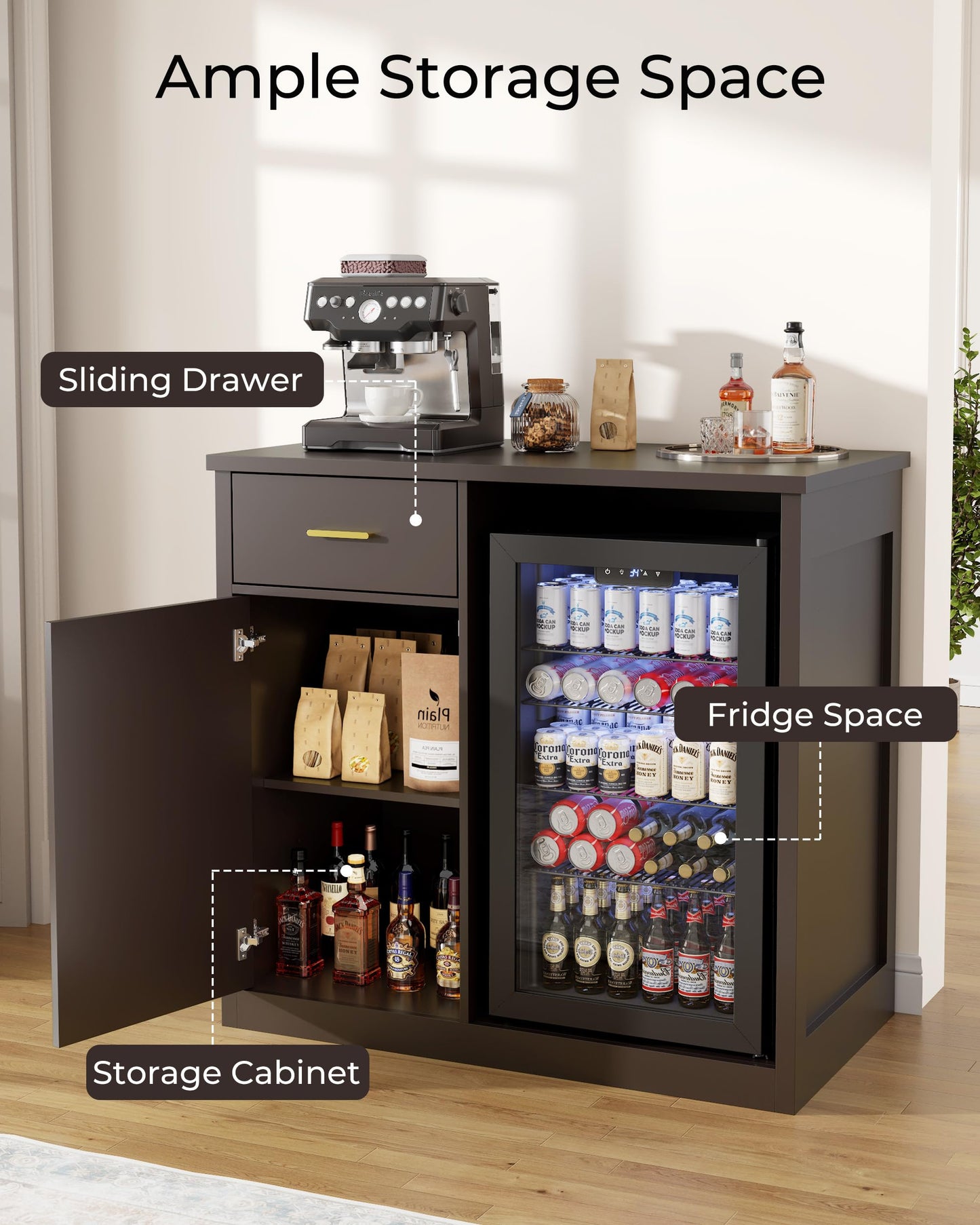 Otterease Bar Cabinet with Mini Fridge Space, Coffee & Wine Bar Cabinet with Drawer and Storage, Modern Liquor Cabinet & Buffet Sideboard for Living Room, Dining Room or Home Bar, Brown