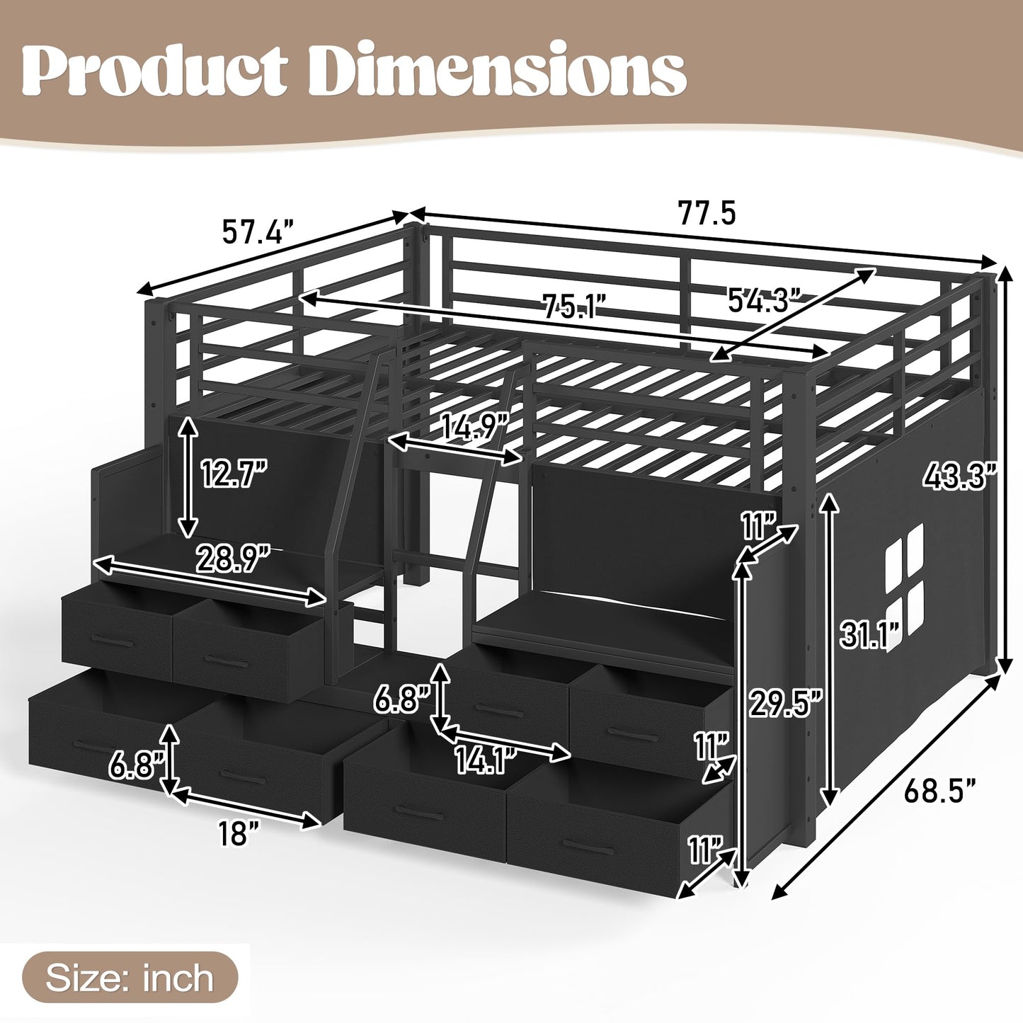 Bellemave Full Low Loft Bed,Metal Kids Loft Bed Frame for Boys Girls,Black