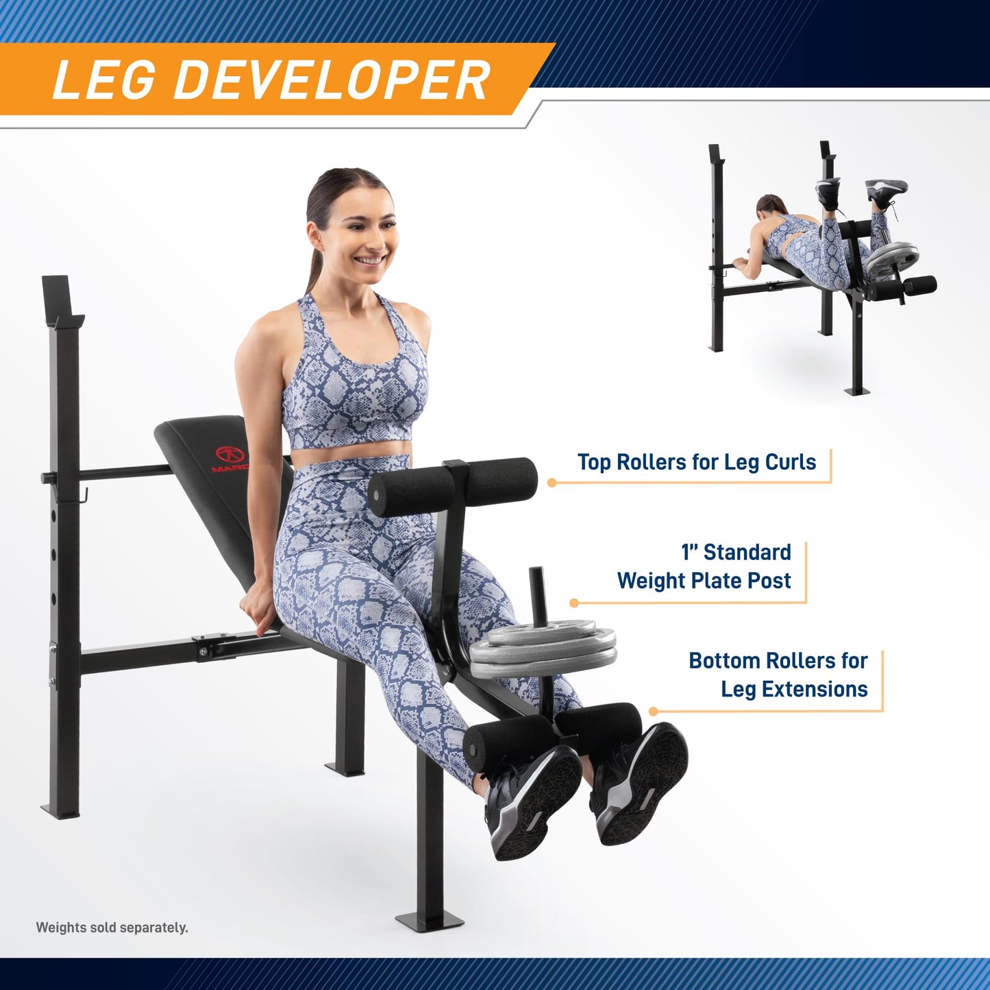 Marcy Standard Weight Bench with Leg Developer - Adjustable 5-Position Back Pad (Flat, Incline, Decline) - Home Gym Strength Training Equipment- MWB-6501