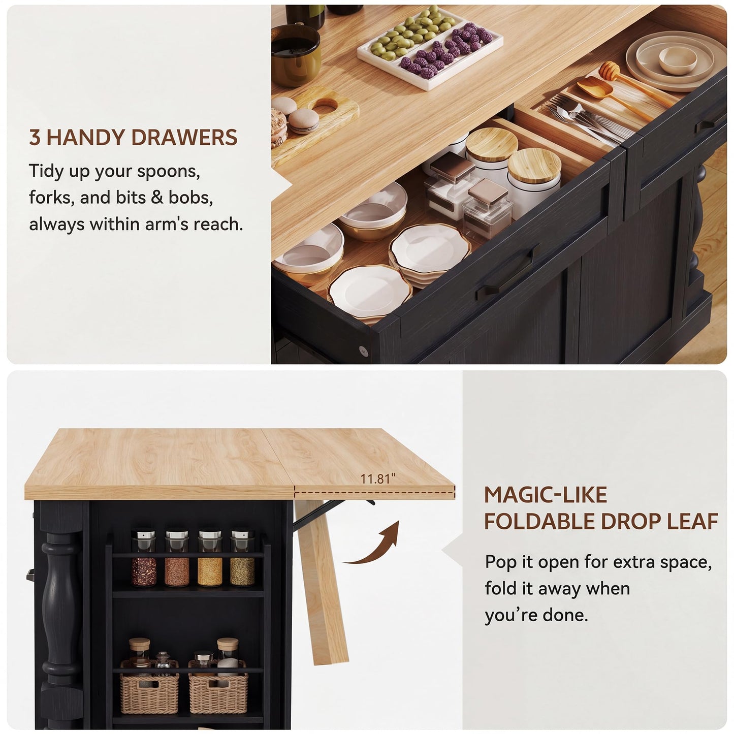 Homiflex Kitchen Island, 47.6"x20" Kitchen Island with Spice Rack & 11.8" Drop Leaf, Coffee Cart on Wheels Breakfast Bar Table Storage & Trash Bin Islands Table with Power Outlet for Dining Room-Black
