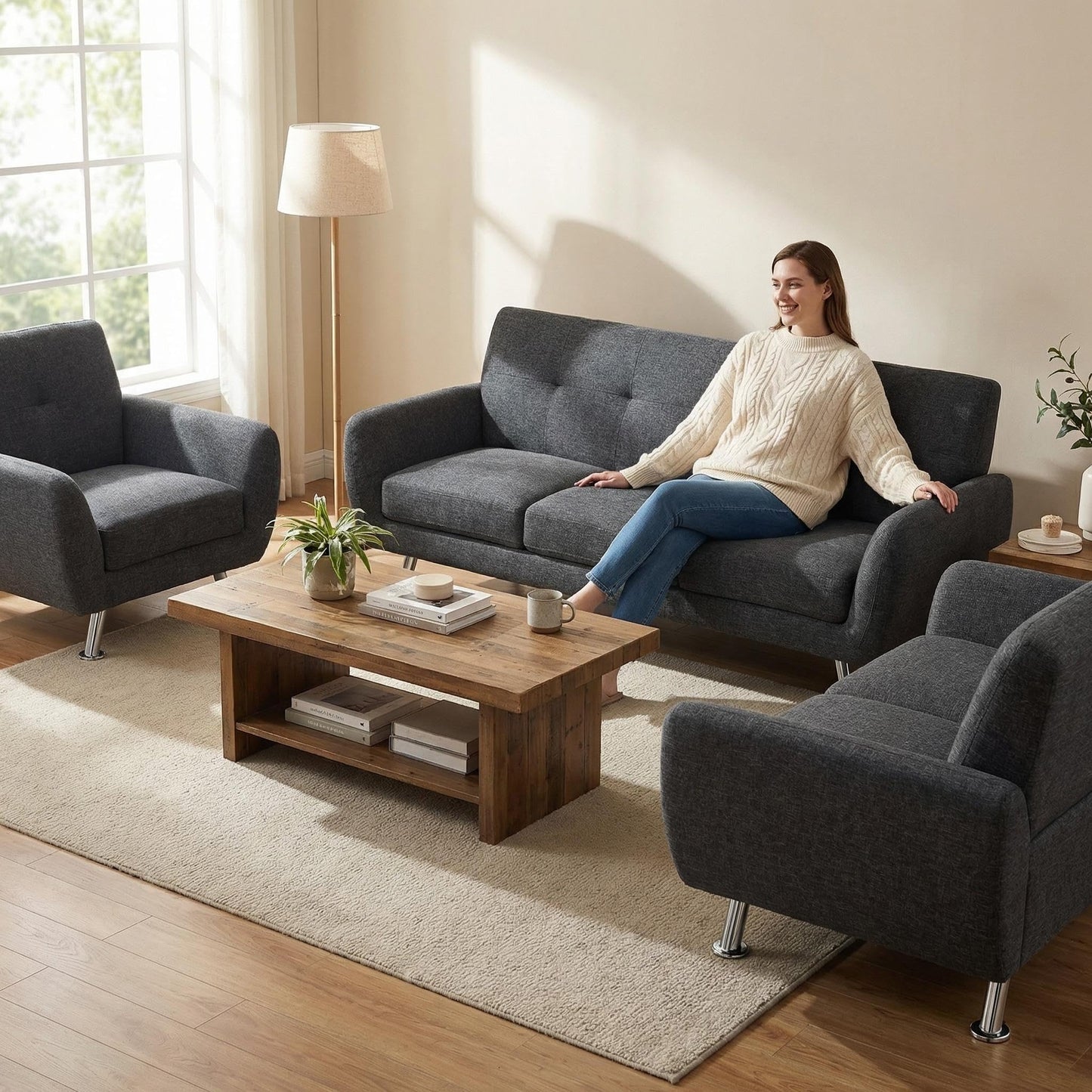 Trygoal 3 Piece Sofa Sets for Living Room, Modern Sectional Couch and Loveseat & Armchair Set, Mid-Century Furniture Sets for Living Room, Apartment, Office, Black