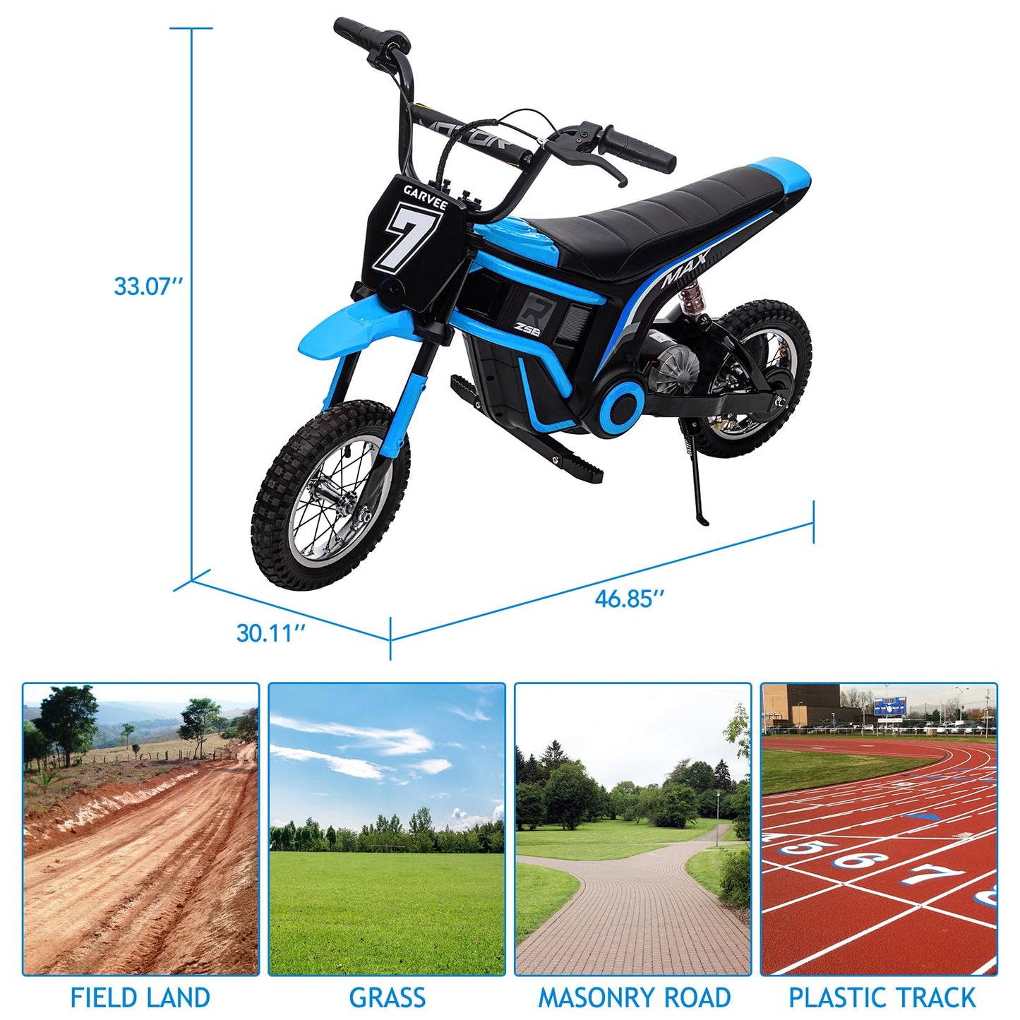 Garvee 24V 350W Kids Electric Dirt Bike - 3 Speed Modes, Up to 14.29 MPH, Rear-Wheel Drive, Shock-Absorbing Suspension, Off-Road Ride-On Motorcycle Toy for Boys & Girls Ages 5-17 - Blue 7