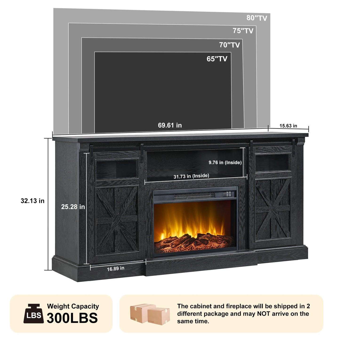 Unineo Fireplace TV Stand for up to 80 Inch TVs, 32’’ Tall LED Entertainment Center with Electric Fireplace, Farmhouse TV Console Table w/Sliding Barn Door & Window for Living Room, Black Woodgrain