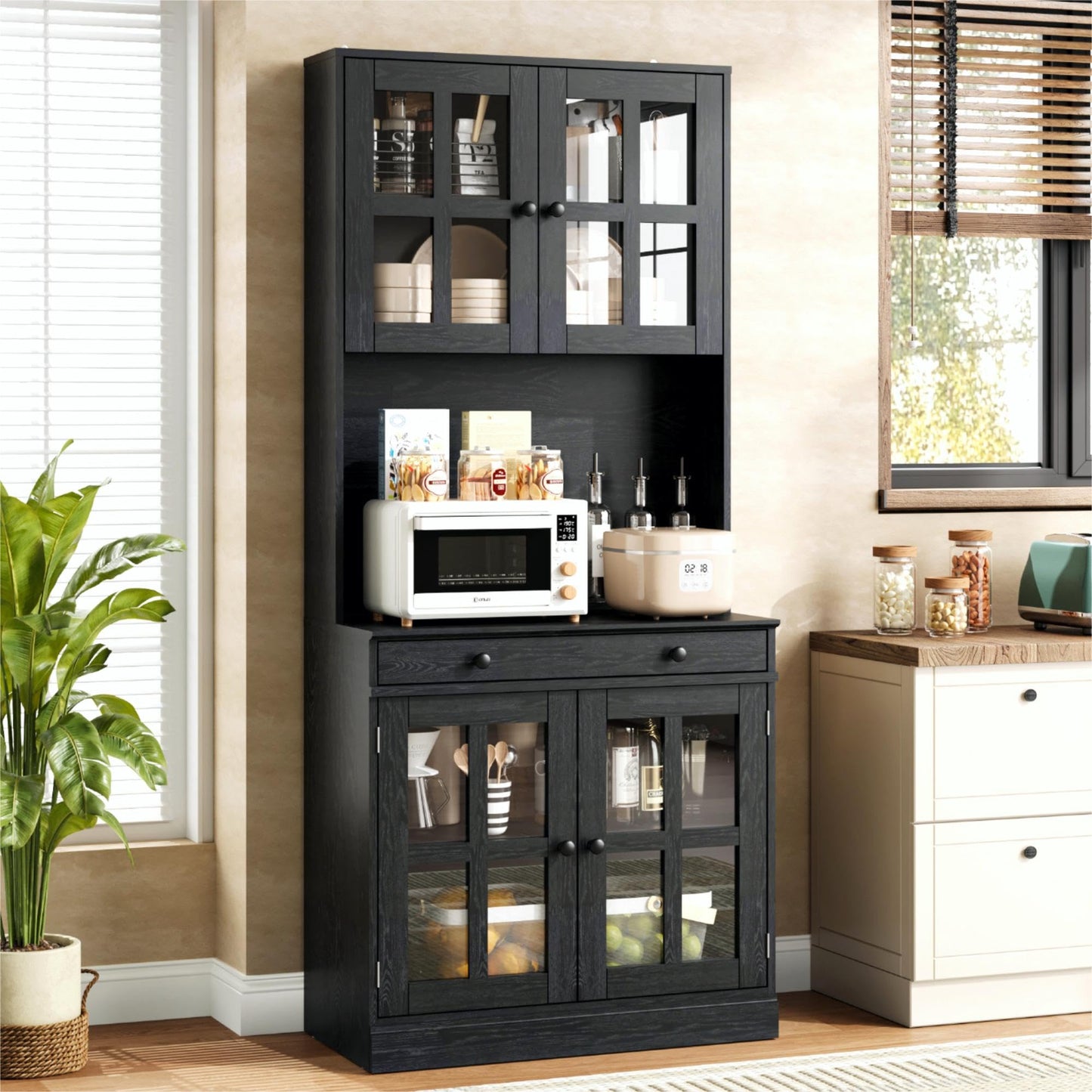 Garvee 72 Inch Kitchen Pantry Cabinet with Glass Doors, Drawer and Adjustable Shelves, Farmhouse Tall Storage Cabinet with Open Countertop, Coffee Bar Cabinet for Coffee Corner, Black