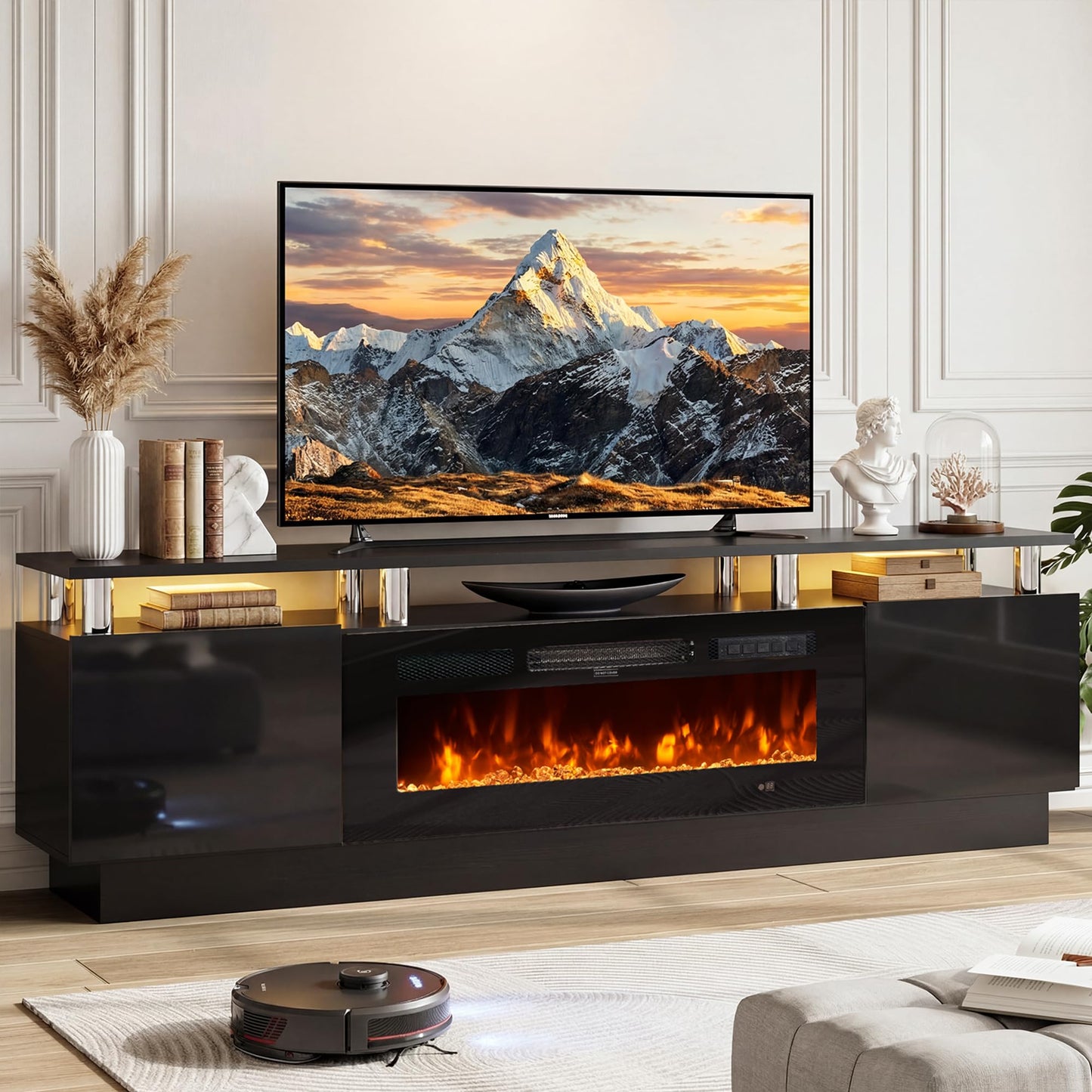 OneBlis 80" Fireplace TV Stand for TVs UP to 90", Electric Fireplace Entertainment Center with LED Lights & Storage Cabinets, TV Console for Living Room, Office, Black-Black