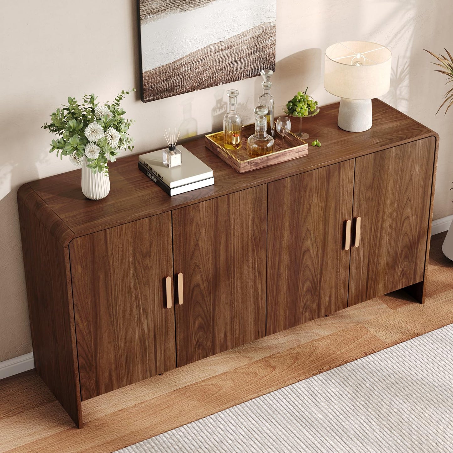 60" Sideboard Buffet Cabinet, Large Curved Design Storage Cabinet with 4 Doors & 2 Adjustable Shelves, Sturdy Build, Easy Assembly, Bar Console Fit for Dining Room/Living Room/Kitchen, Walnut