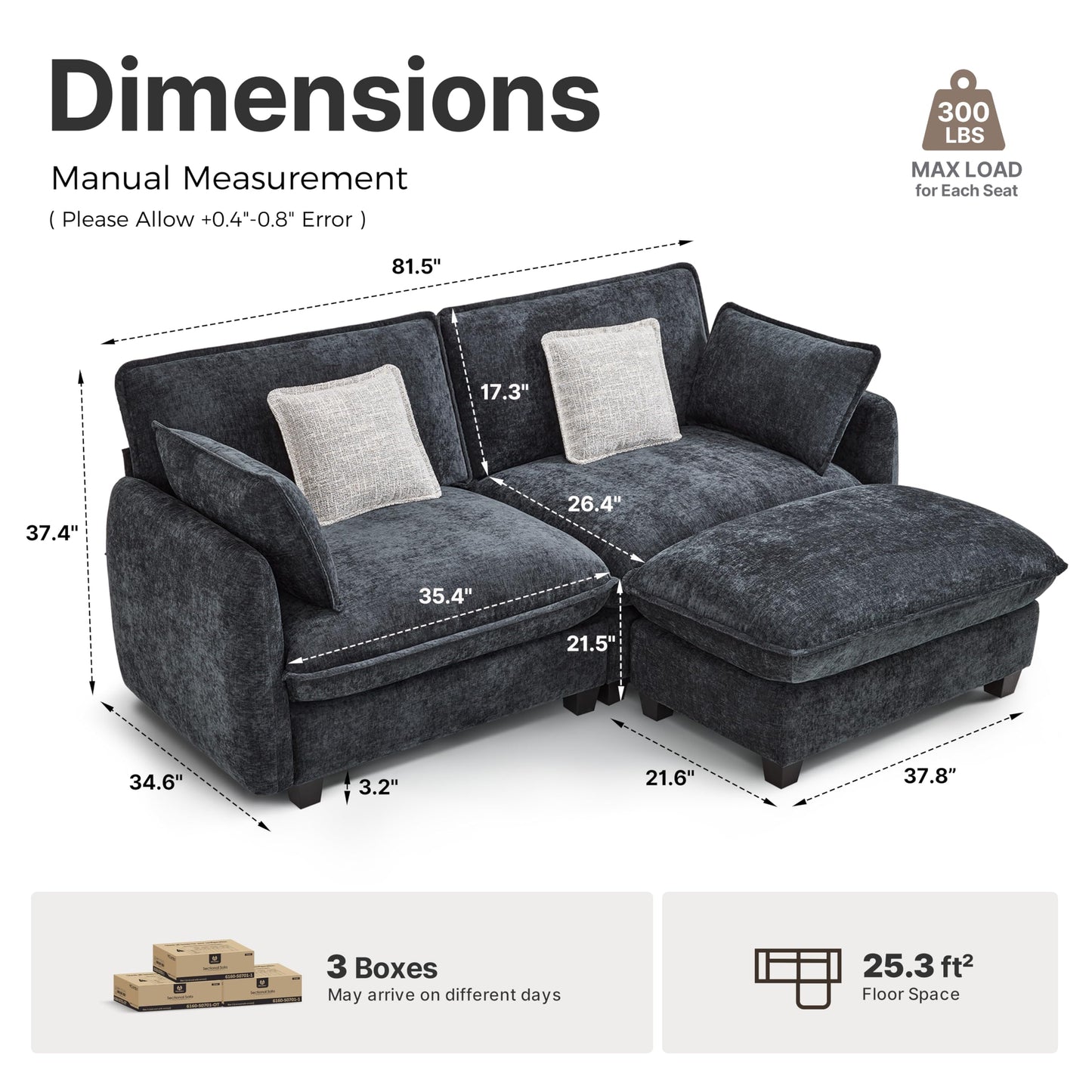 MCombo 82" Oversized Cloud Sectional Couch, Sectional Sofa with FSC Certified, Loveseat Couch with Ottoman for Living Room, Chenille S0701 (Black)