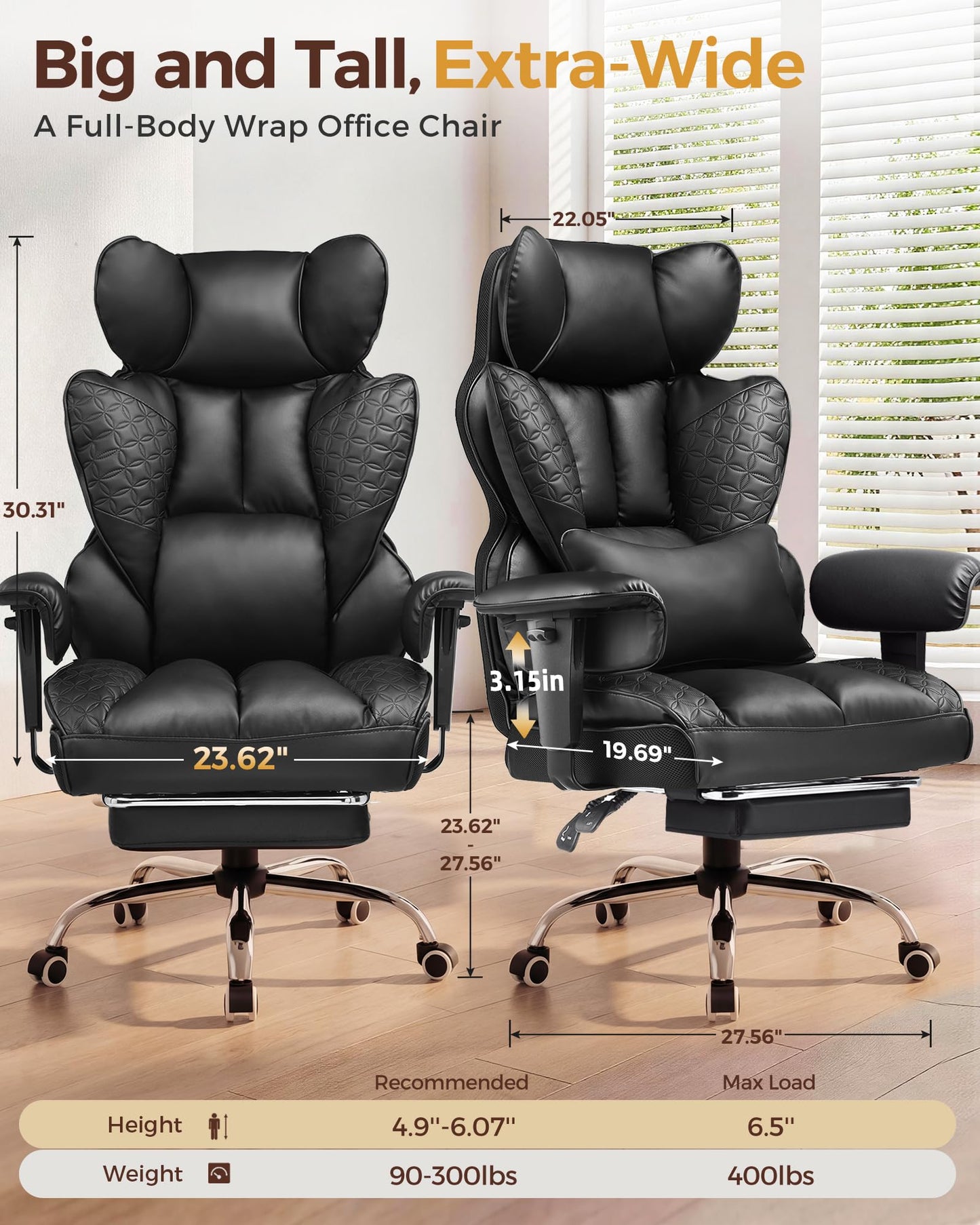 COMHOMA Big and Tall Office Chair Heavy Duty Gaming Chair with Deluxe Embossing Leather High Back Wider Ergonomic Computer Chair with Foot Rest 150°Reclining Pocket Spring Lumbar Support